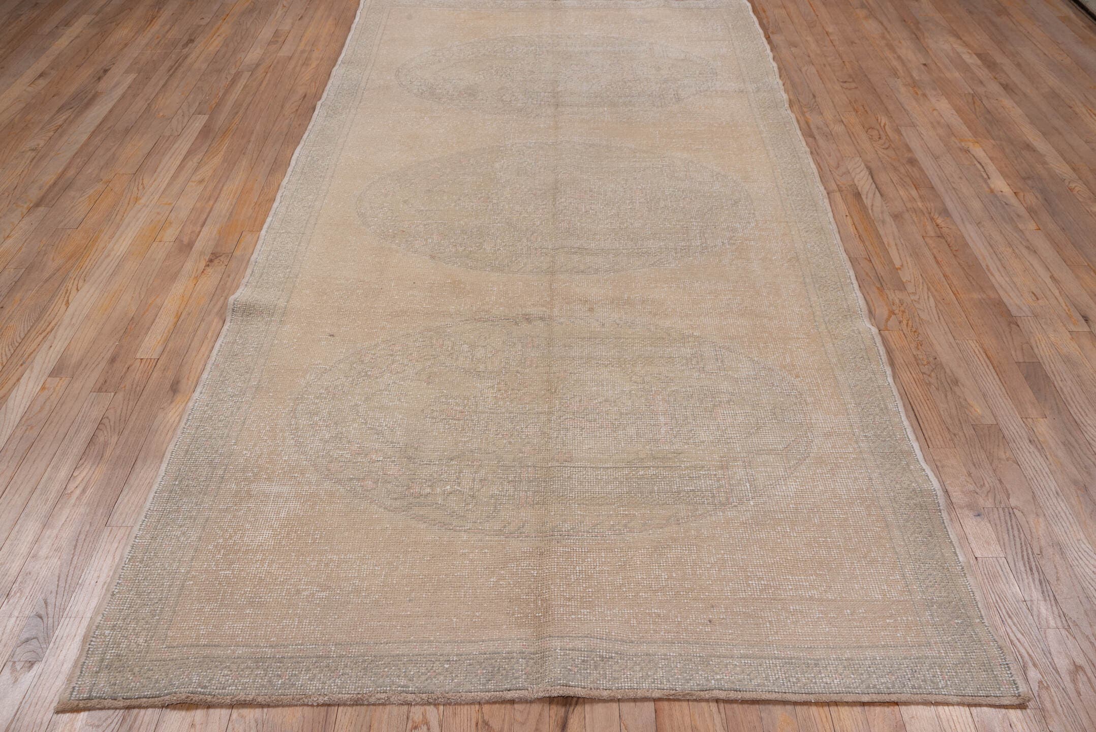 5' x 10' one-of-a-kind handmade vintage Oushak medium size rug. Color palette: beige, ivory, taupe, sand, blush, greige