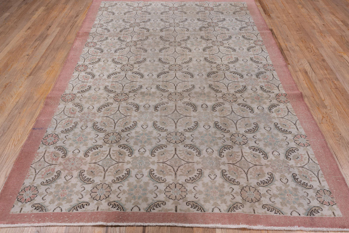 6' x 10' one-of-a-kind handmade vintage Sparta large size rug. Color palette: ivory, blush, taupe, charcoal, pale blue