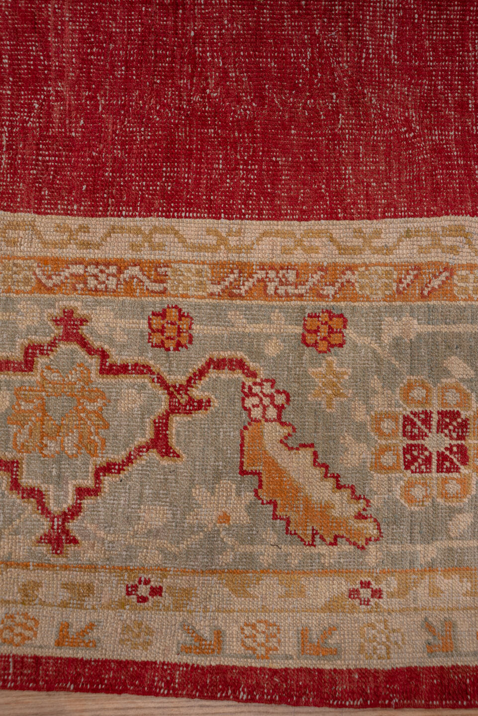 12' x 15' one-of-a-kind handmade antique Oushak oversize rug. Color palette: terracotta, pale blue, ivory, camel, rust, gold