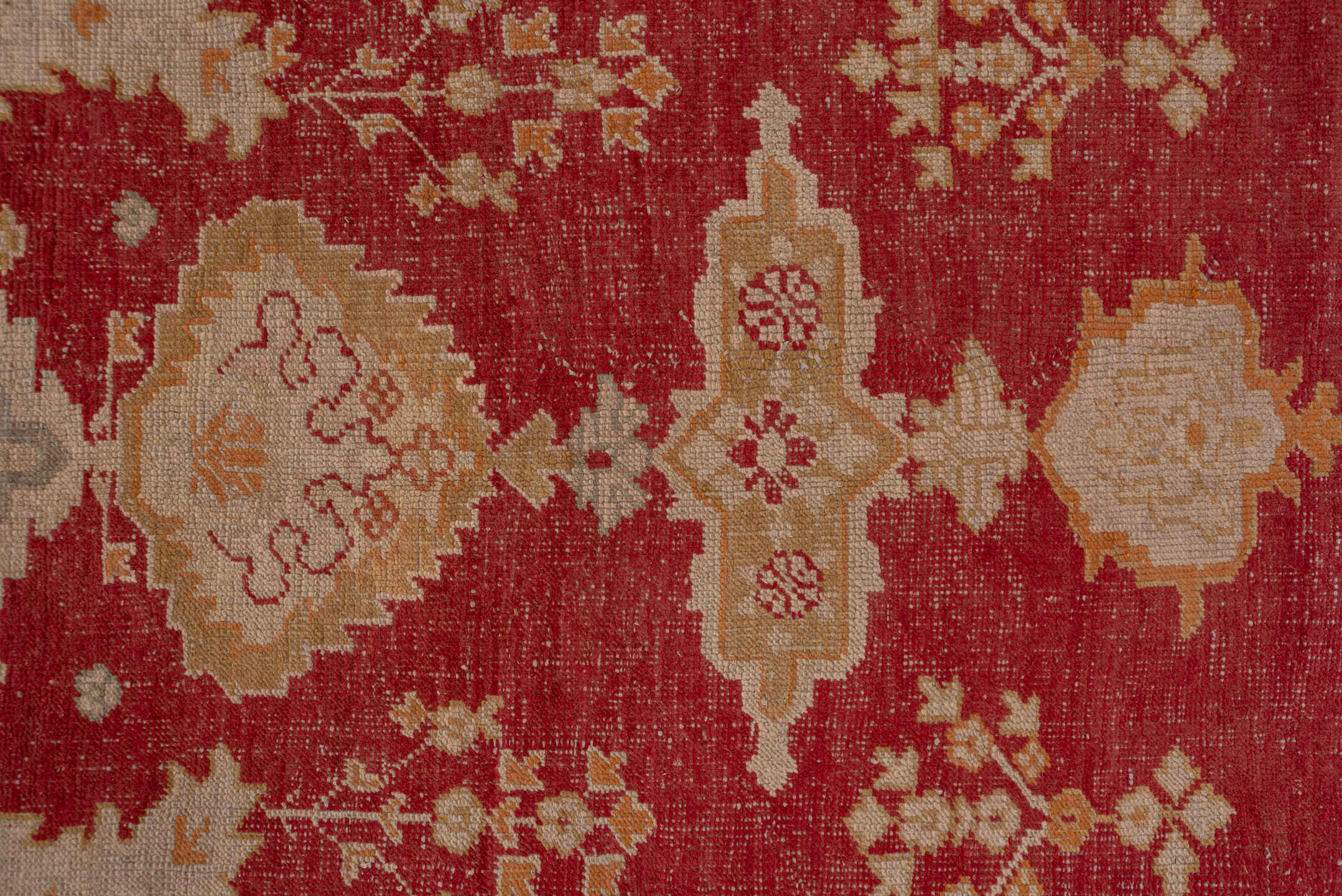 12' x 15' one-of-a-kind handmade antique Oushak oversize rug. Color palette: terracotta, pale blue, ivory, camel, rust, gold