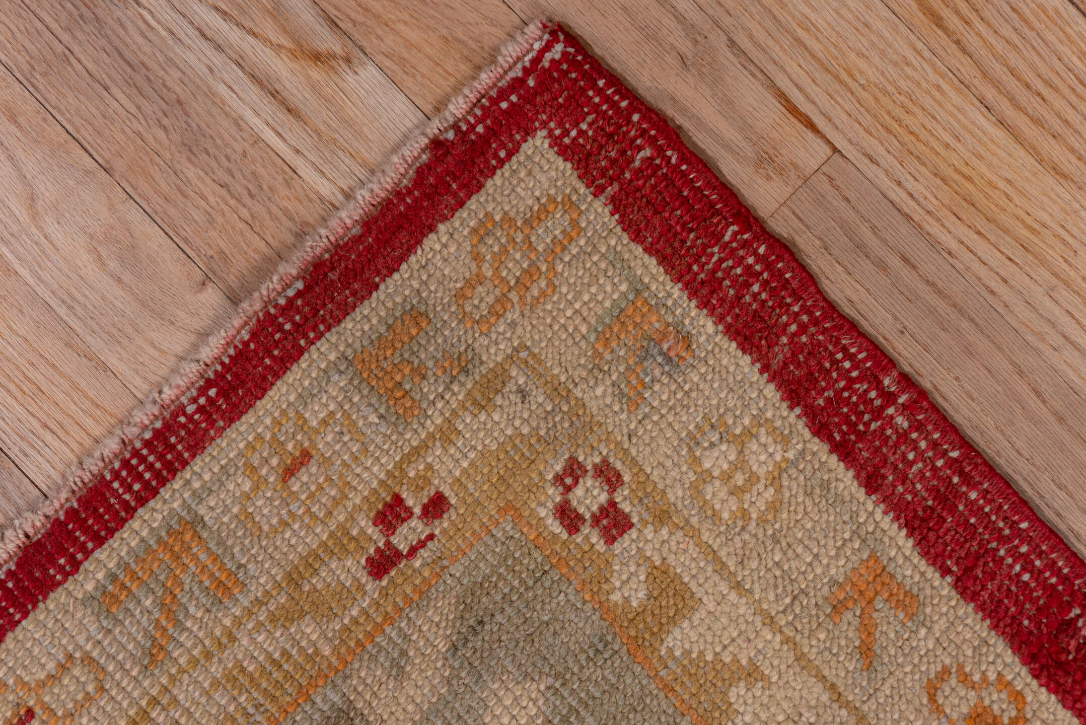 12' x 15' one-of-a-kind handmade antique Oushak oversize rug. Color palette: terracotta, pale blue, ivory, camel, rust, gold
