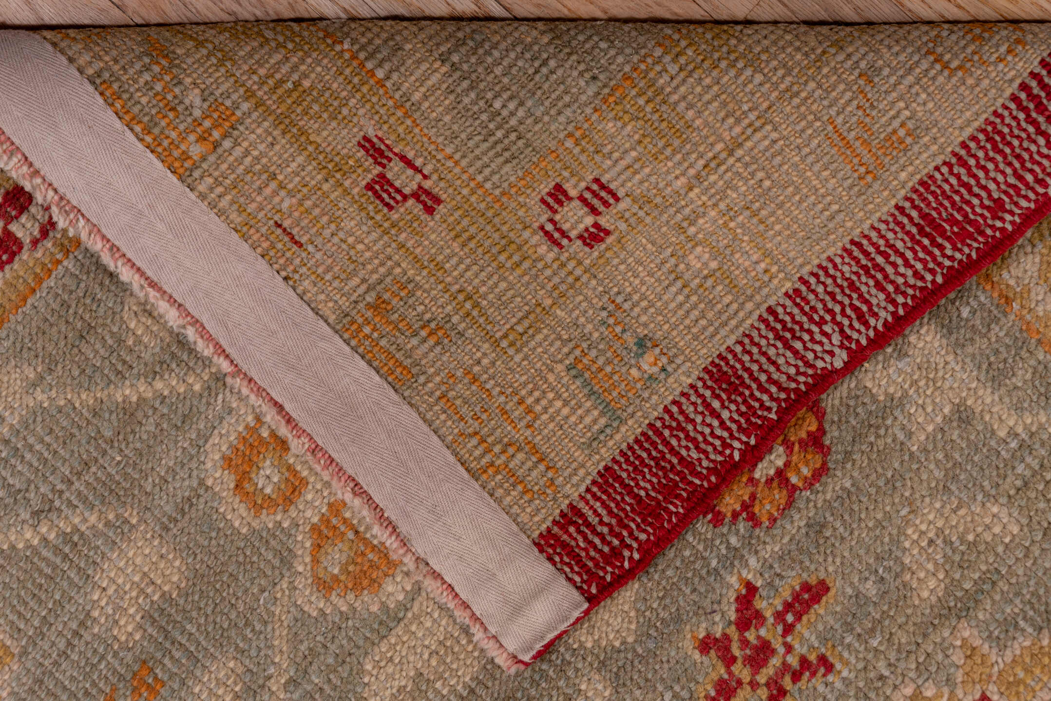12' x 15' one-of-a-kind handmade antique Oushak oversize rug. Color palette: terracotta, pale blue, ivory, camel, rust, gold