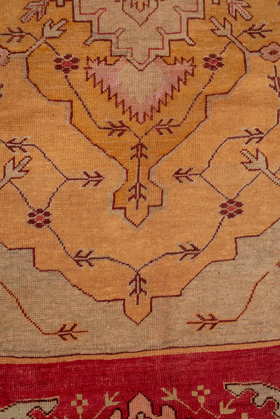 11' x 14' one-of-a-kind handmade antique Oushak oversize rug. Color palette: rust, ivory, gold, peach, sage, rose, taupe