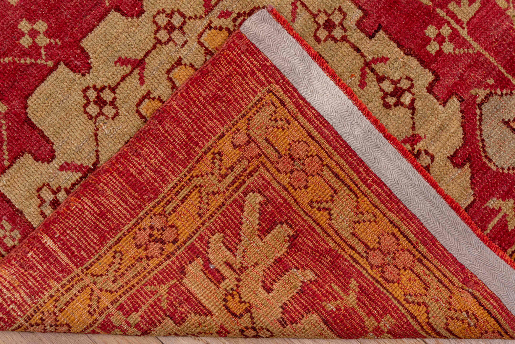 11' x 14' one-of-a-kind handmade antique Oushak oversize rug. Color palette: rust, ivory, gold, peach, sage, rose, taupe