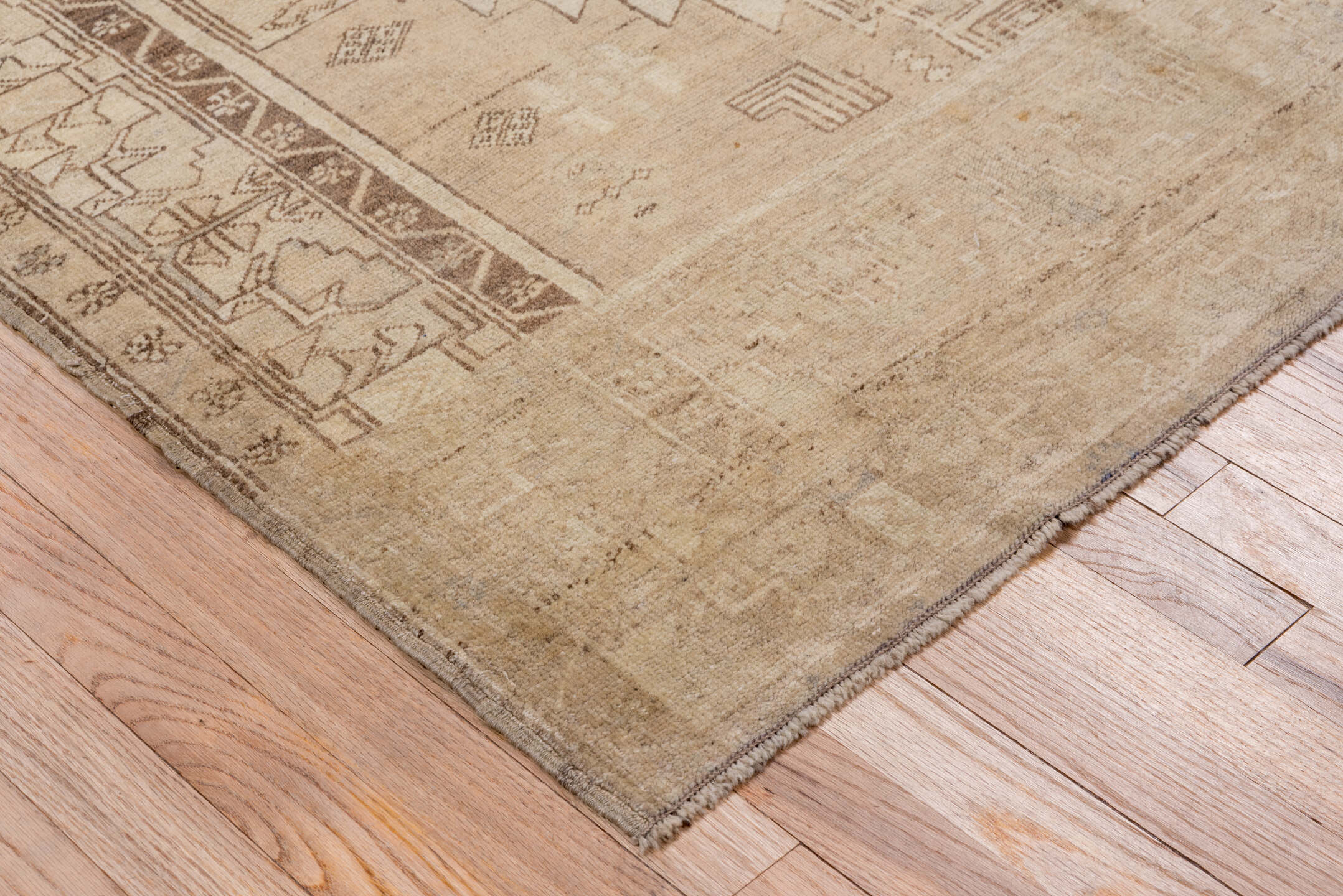 4' x 8' one-of-a-kind handmade vintage Oushak rug. Color palette: taupe, beige, camel, brown, ivory, gray
