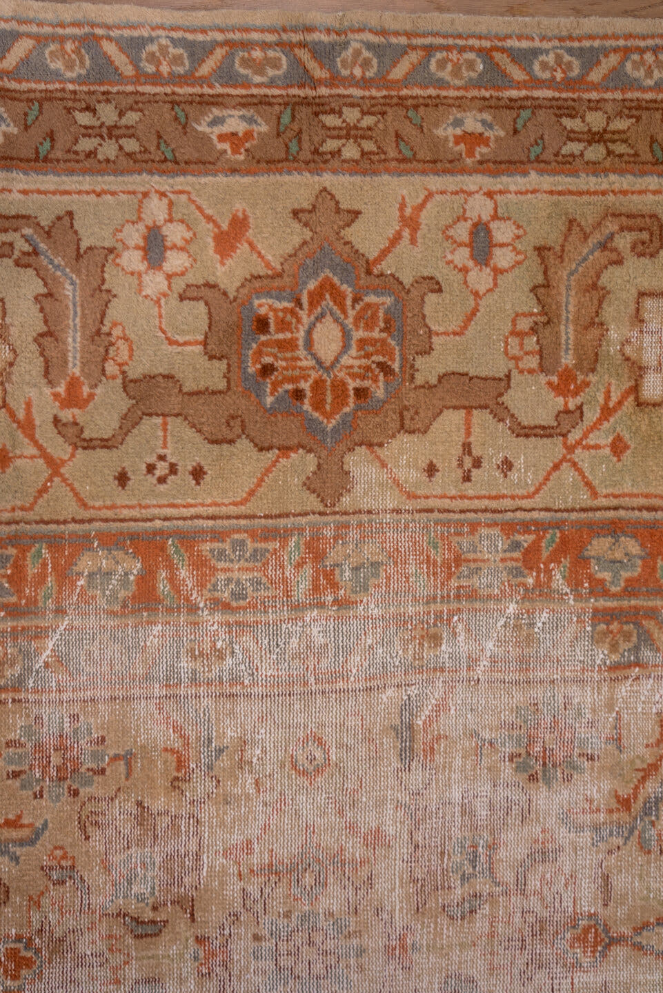 16' x 16' one-of-a-kind handmade vintage Amritzar oversize rug. Color palette: blush, terra cotta, ivory, dusty blue, taupe