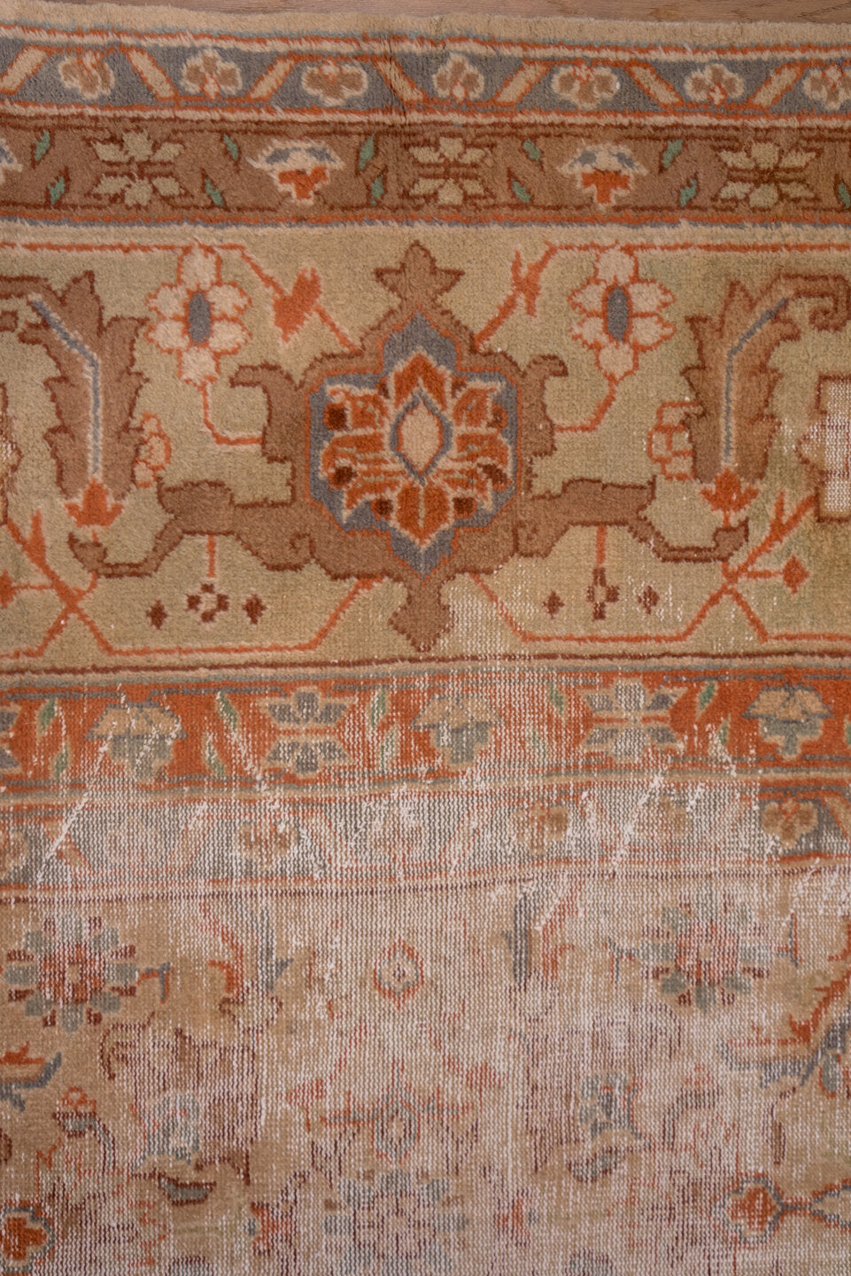 16' x 16' one-of-a-kind handmade vintage Amritzar oversize rug. Color palette: blush, terra cotta, ivory, dusty blue, taupe