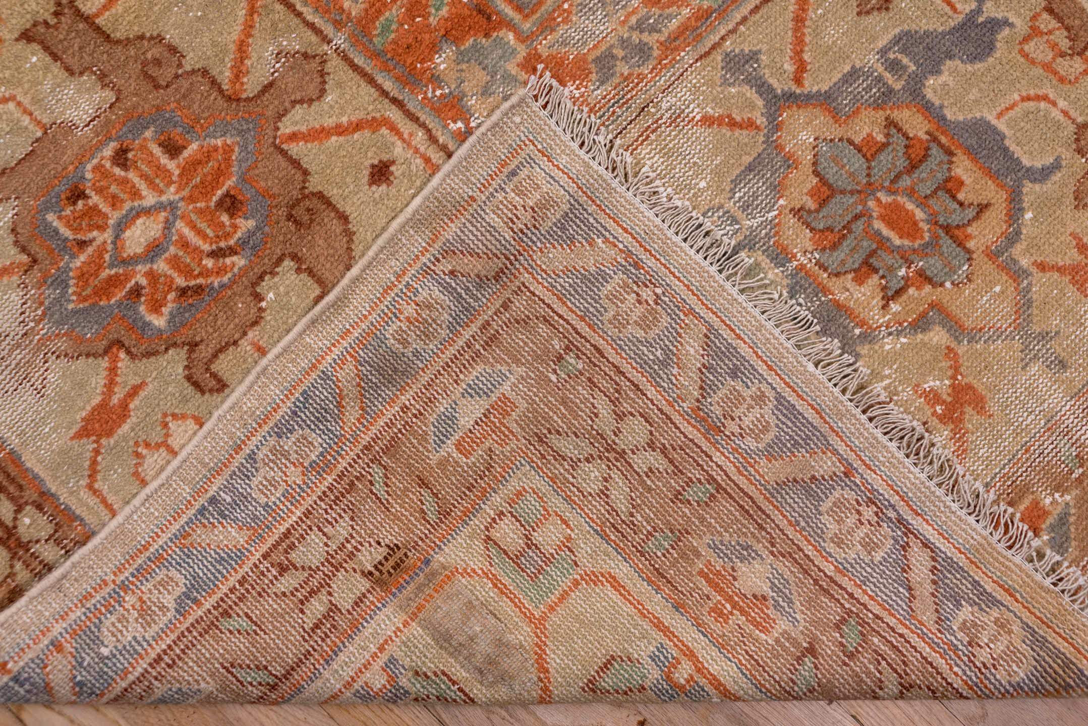 16' x 16' one-of-a-kind handmade vintage Amritzar oversize rug. Color palette: blush, terra cotta, ivory, dusty blue, taupe