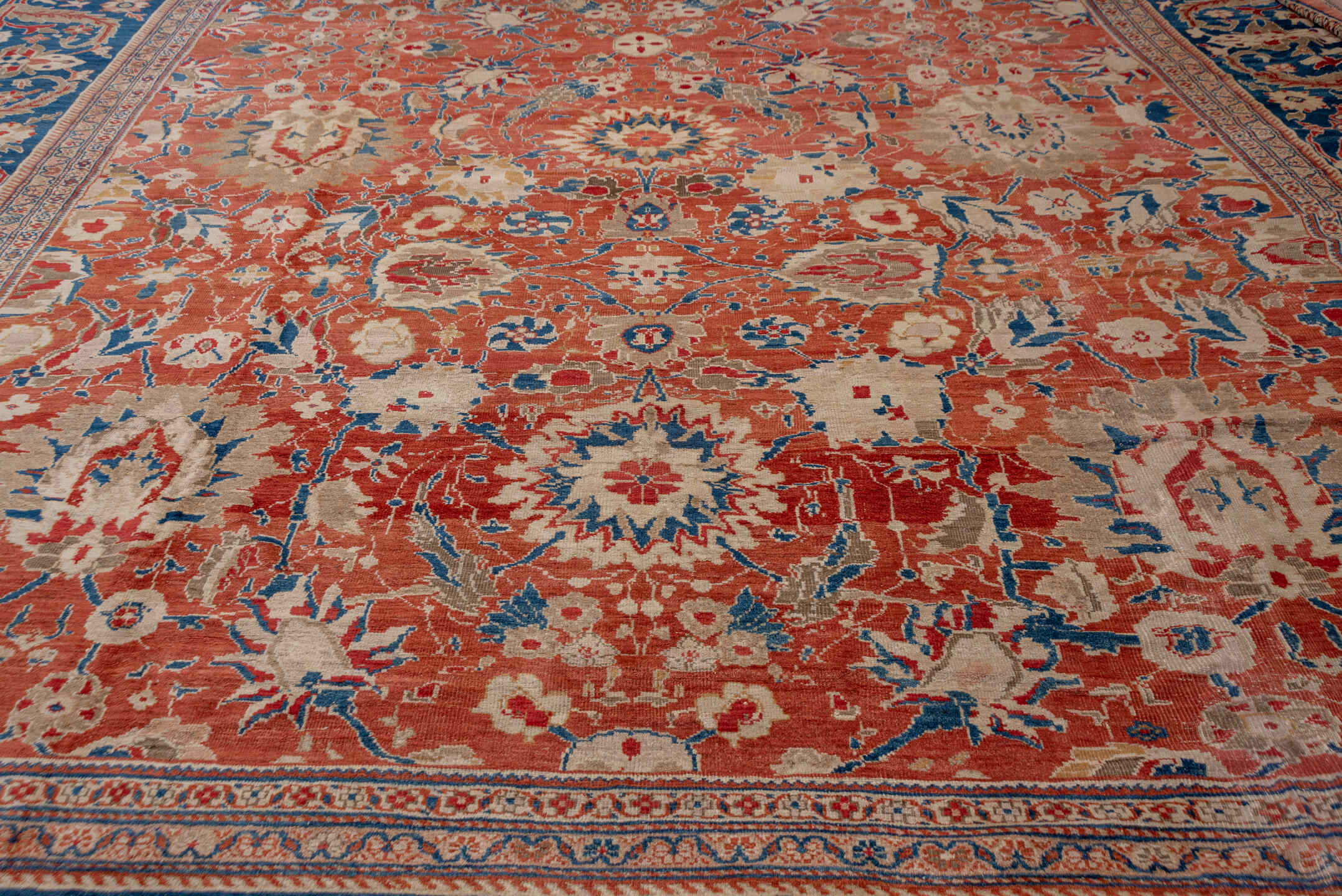 16' x 20' one-of-a-kind handmade vintage Sultanabad oversize rug. Color palette: blue, brown, fiord, gray, pink, red