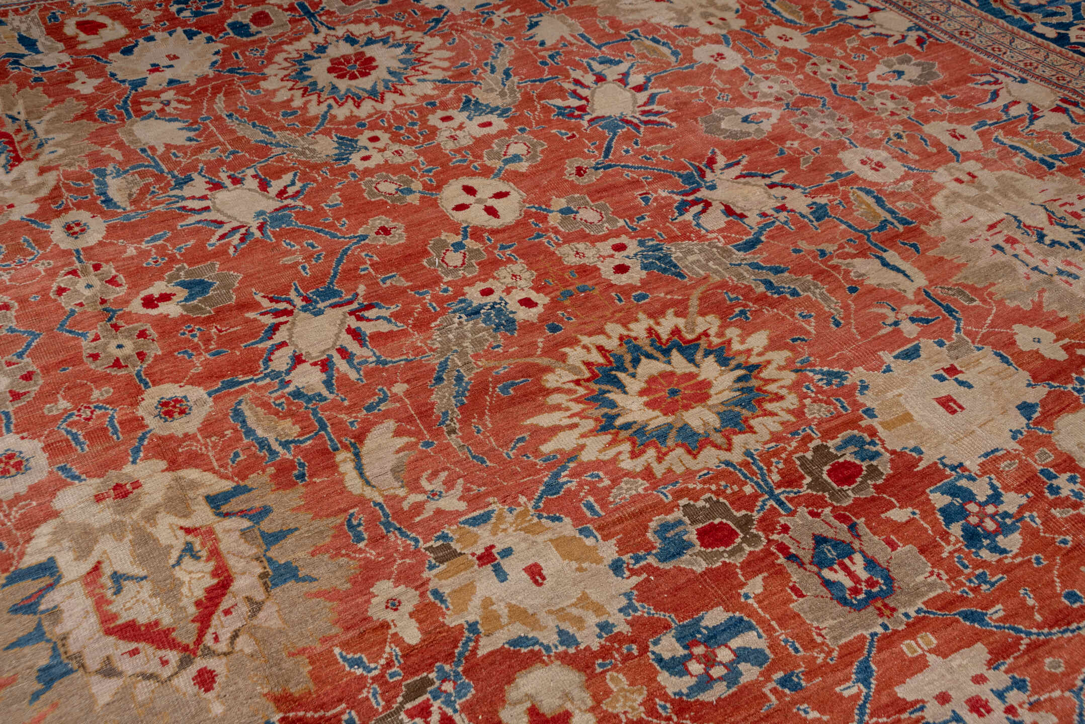 16' x 20' one-of-a-kind handmade vintage Sultanabad oversize rug. Color palette: blue, brown, fiord, gray, pink, red