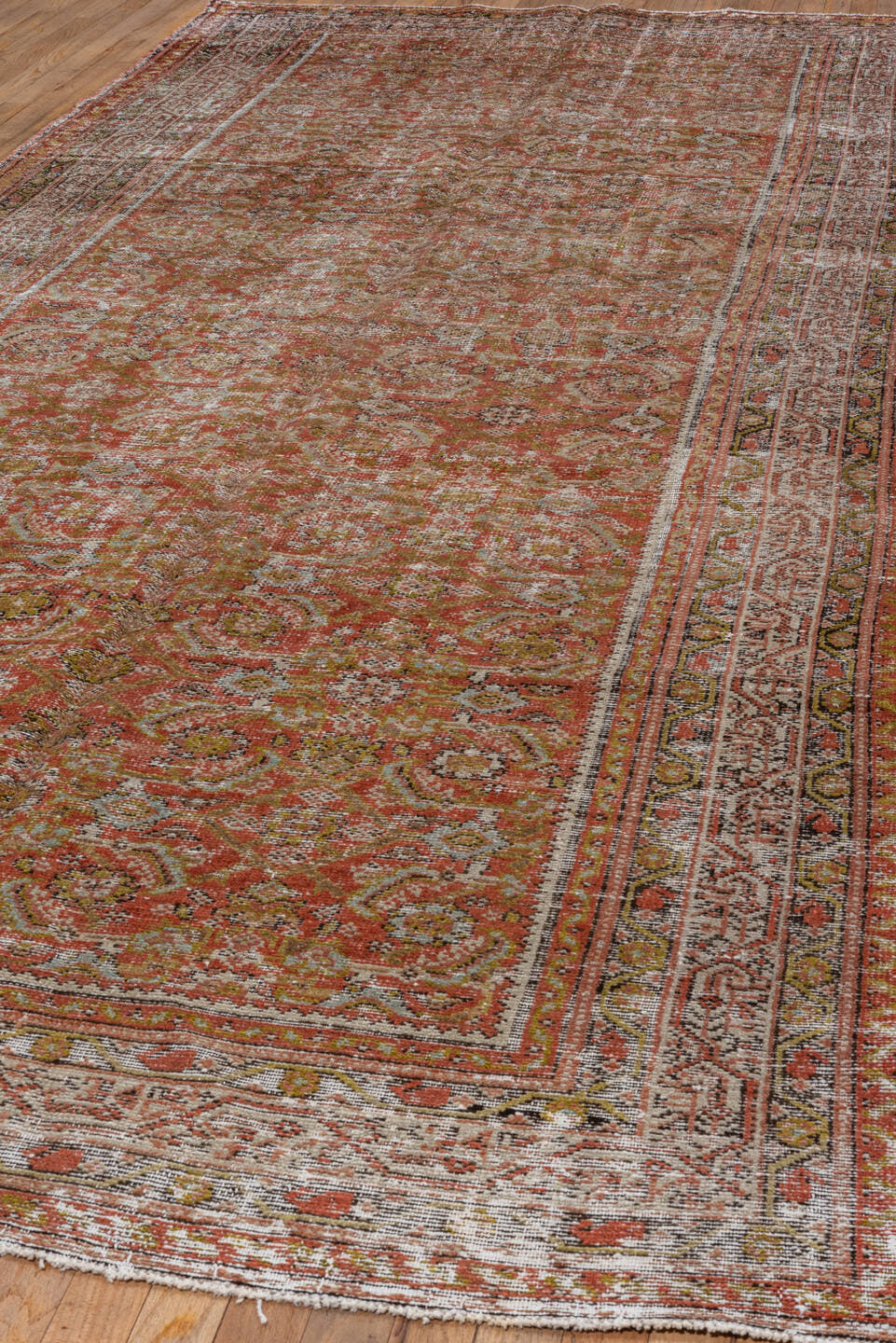 5' x 13' one-of-a-kind handmade vintage Malayer rug. Color palette: terra cotta, ivory, rust, sage, gold, taupe, brown