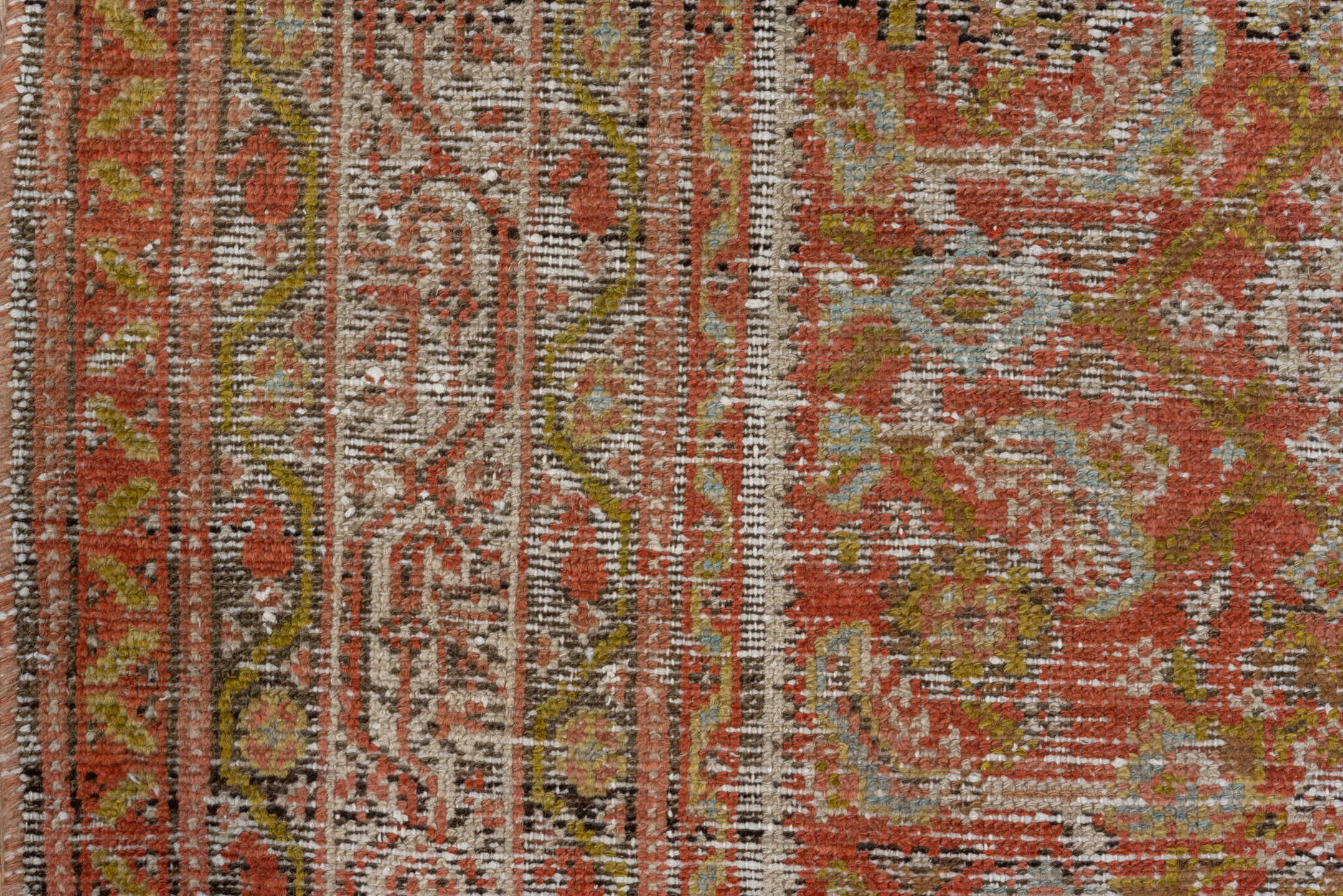 5' x 13' one-of-a-kind handmade vintage Malayer rug. Color palette: terra cotta, ivory, rust, sage, gold, taupe, brown