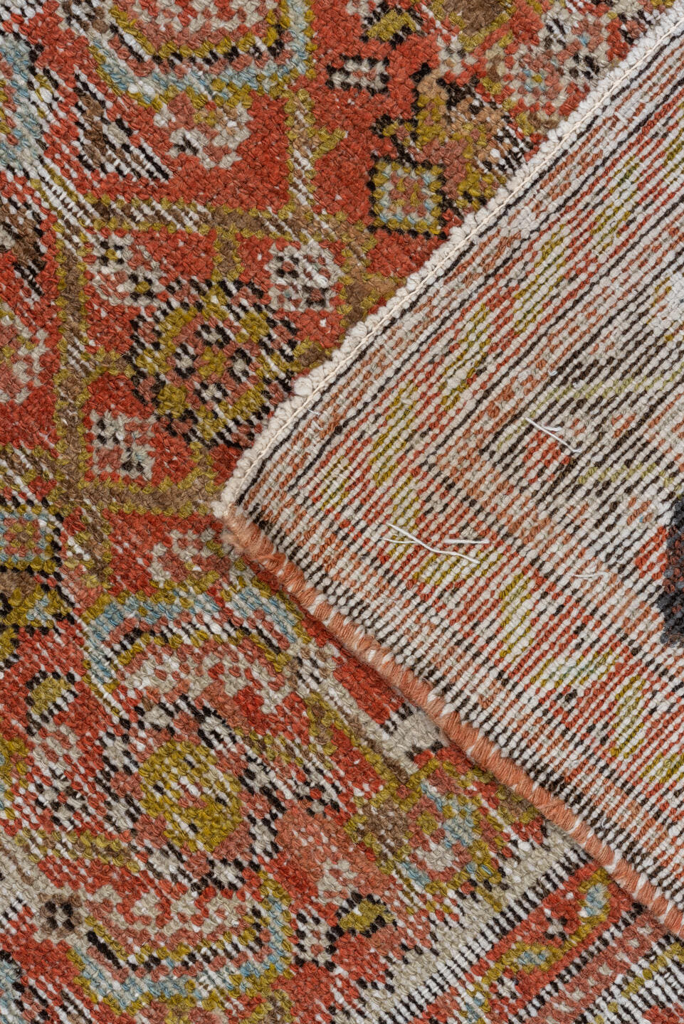 5' x 13' one-of-a-kind handmade vintage Malayer rug. Color palette: terra cotta, ivory, rust, sage, gold, taupe, brown