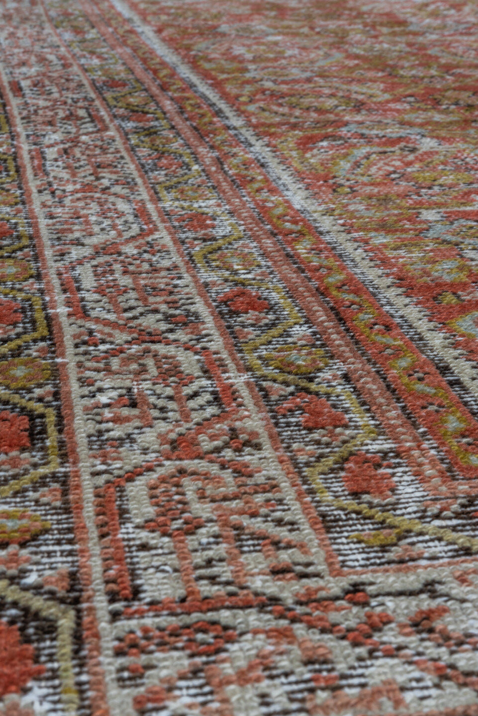 5' x 13' one-of-a-kind handmade vintage Malayer rug. Color palette: brown, gray, light gray, off-white, pink, redwood
