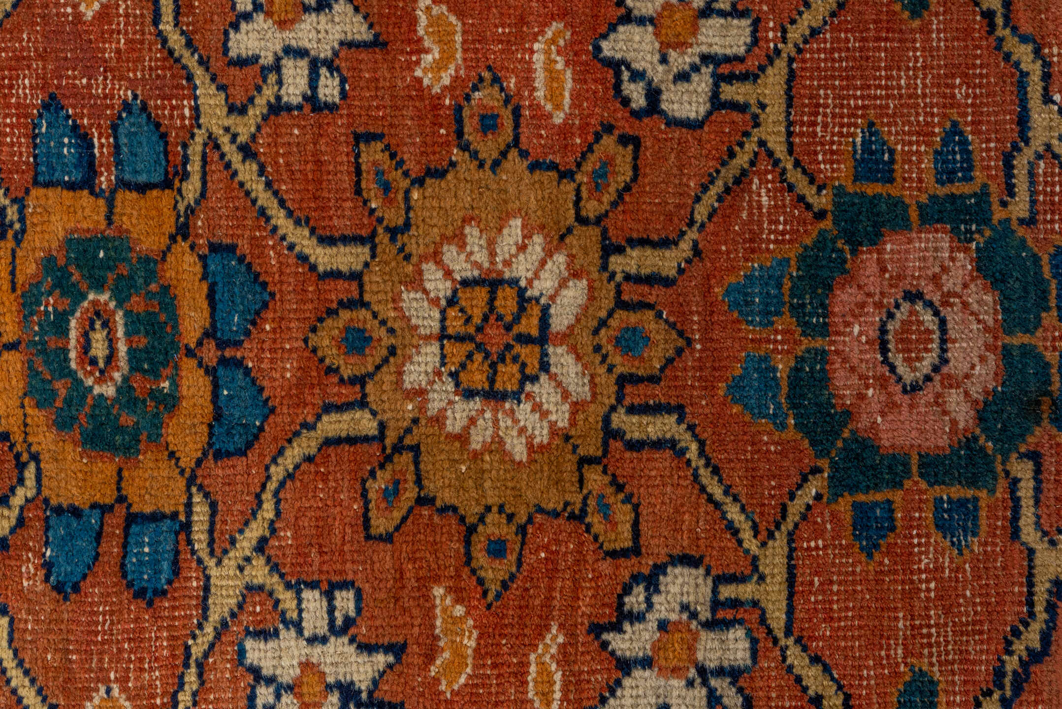 7' x 11' one-of-a-kind handmade vintage Mahal large size rug. Color palette: terra cotta, navy, ivory, sky blue, camel, gold