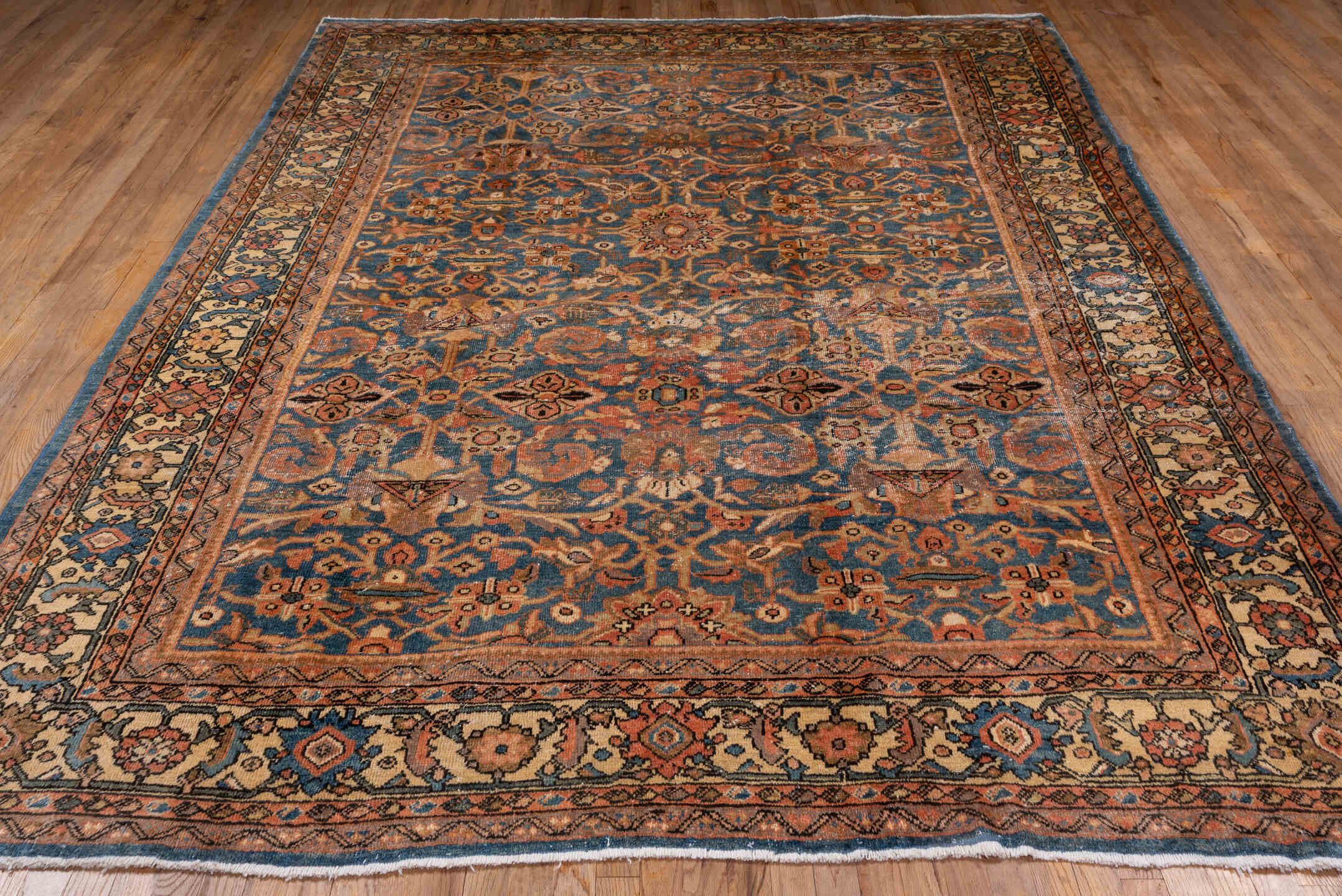 8' x 10' one-of-a-kind handmade vintage Mahal large size rug. Color palette: blue, ivory, terra cotta, taupe, rose, charcoal