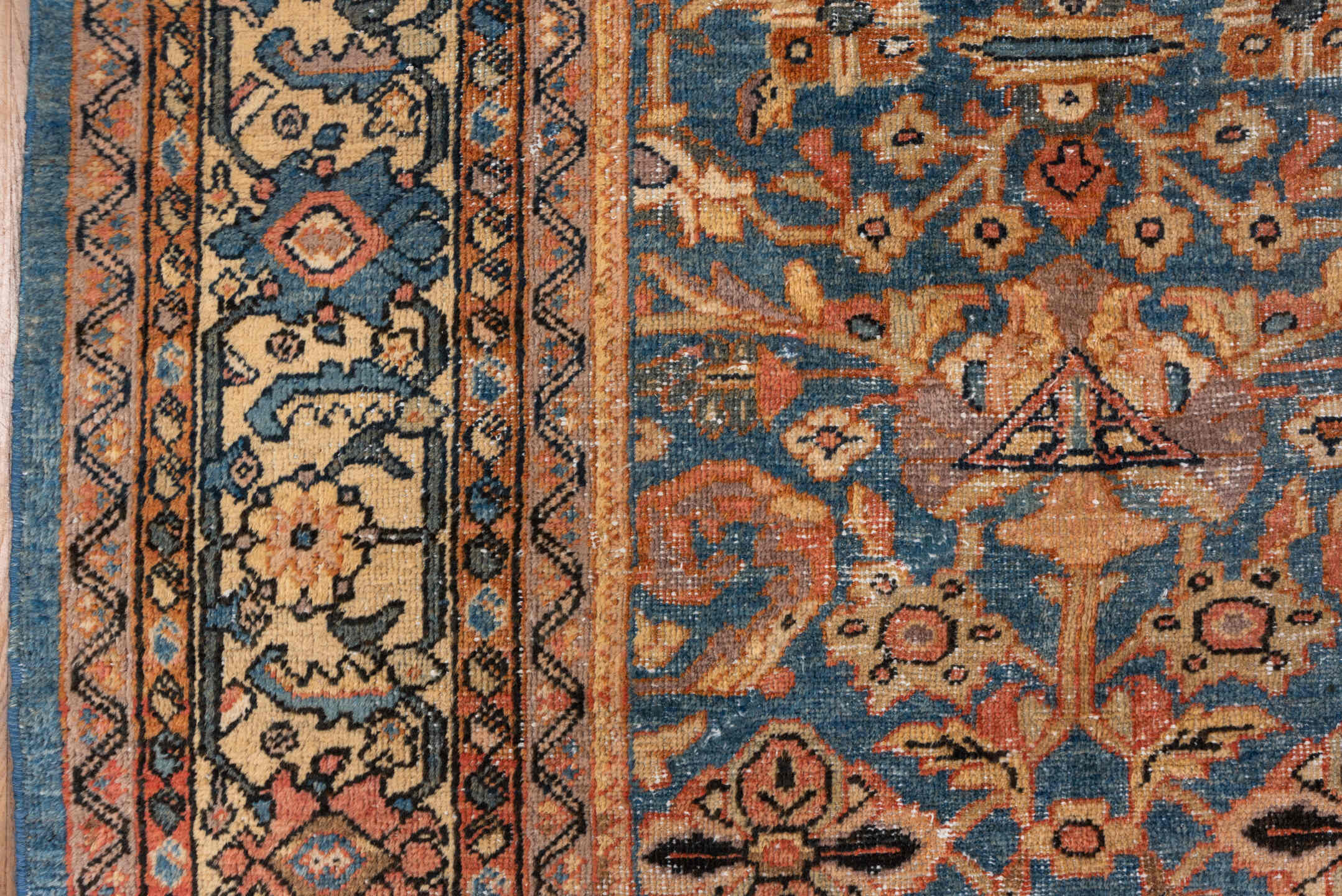 8' x 10' one-of-a-kind handmade vintage Mahal large size rug. Color palette: blue, ivory, terra cotta, taupe, rose, charcoal
