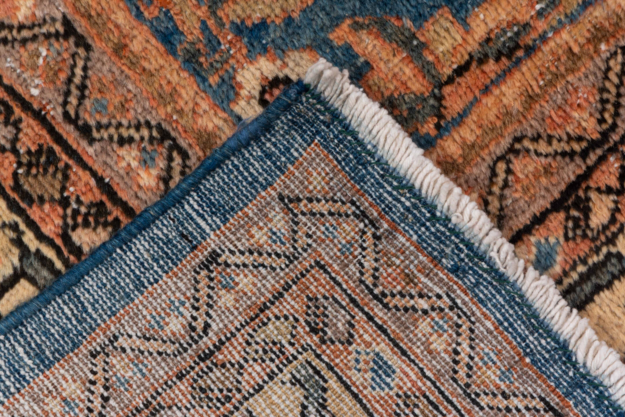 8' x 10' one-of-a-kind handmade vintage Mahal large size rug. Color palette: blue, ivory, terra cotta, taupe, rose, charcoal