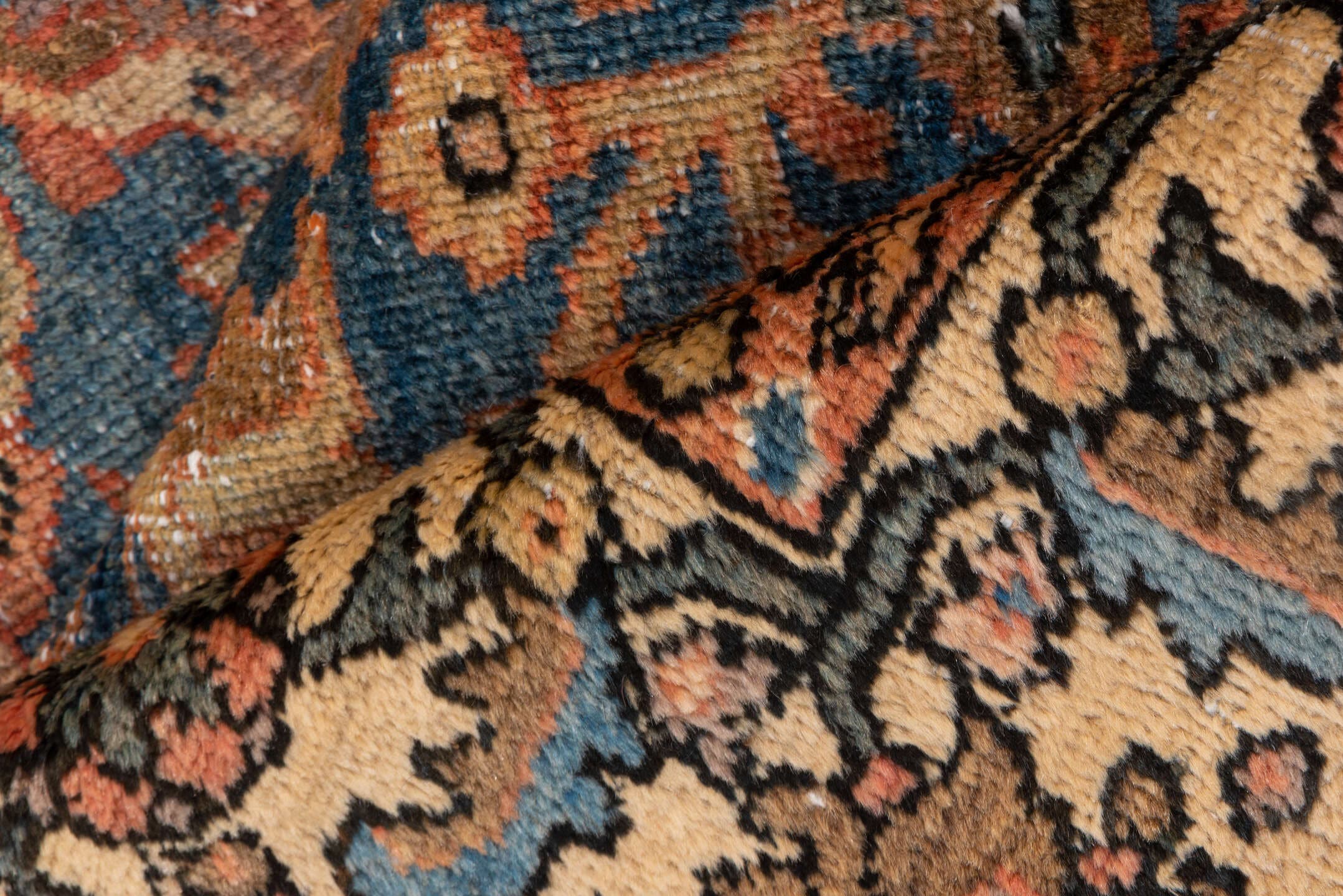8' x 10' one-of-a-kind handmade vintage Mahal large size rug. Color palette: blue, ivory, terra cotta, taupe, rose, charcoal