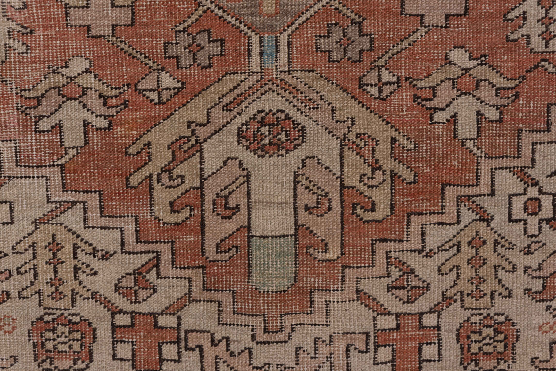 4' x 5' one-of-a-kind handmade vintage Serapi small size rug. Color palette: brown, gray, pink, red, redwood