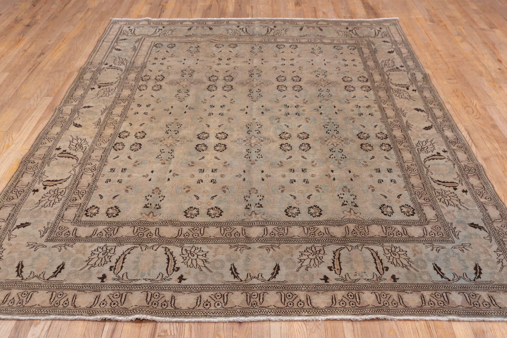6' x 9' one-of-a-kind handmade vintage Khorassan medium size rug. Color palette: taupe, beige, brown, ivory, camel, charcoal