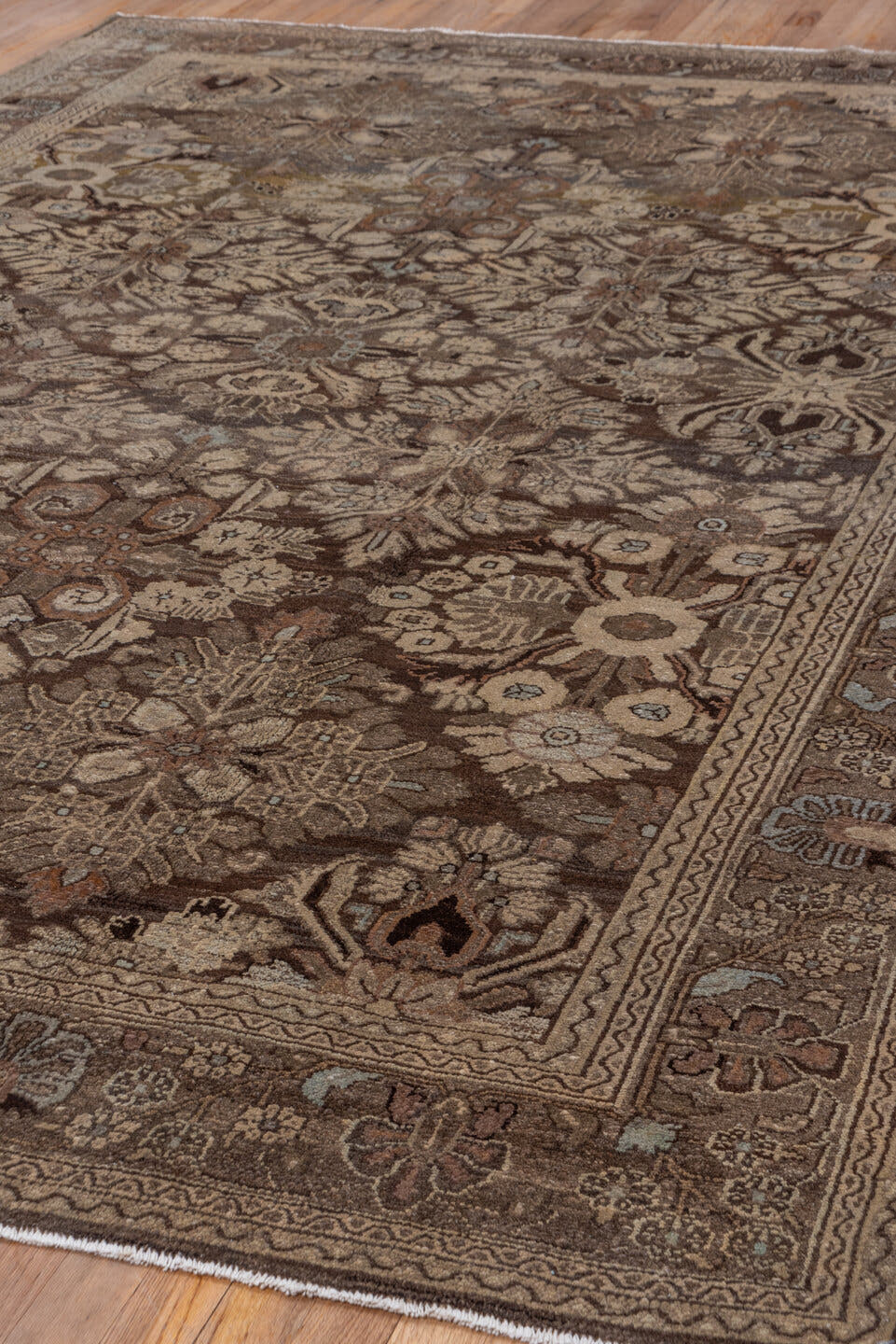 7' x 10' one-of-a-kind handmade vintage Malayer large size rug. Color palette: taupe, brown, ivory, charcoal, camel, sage