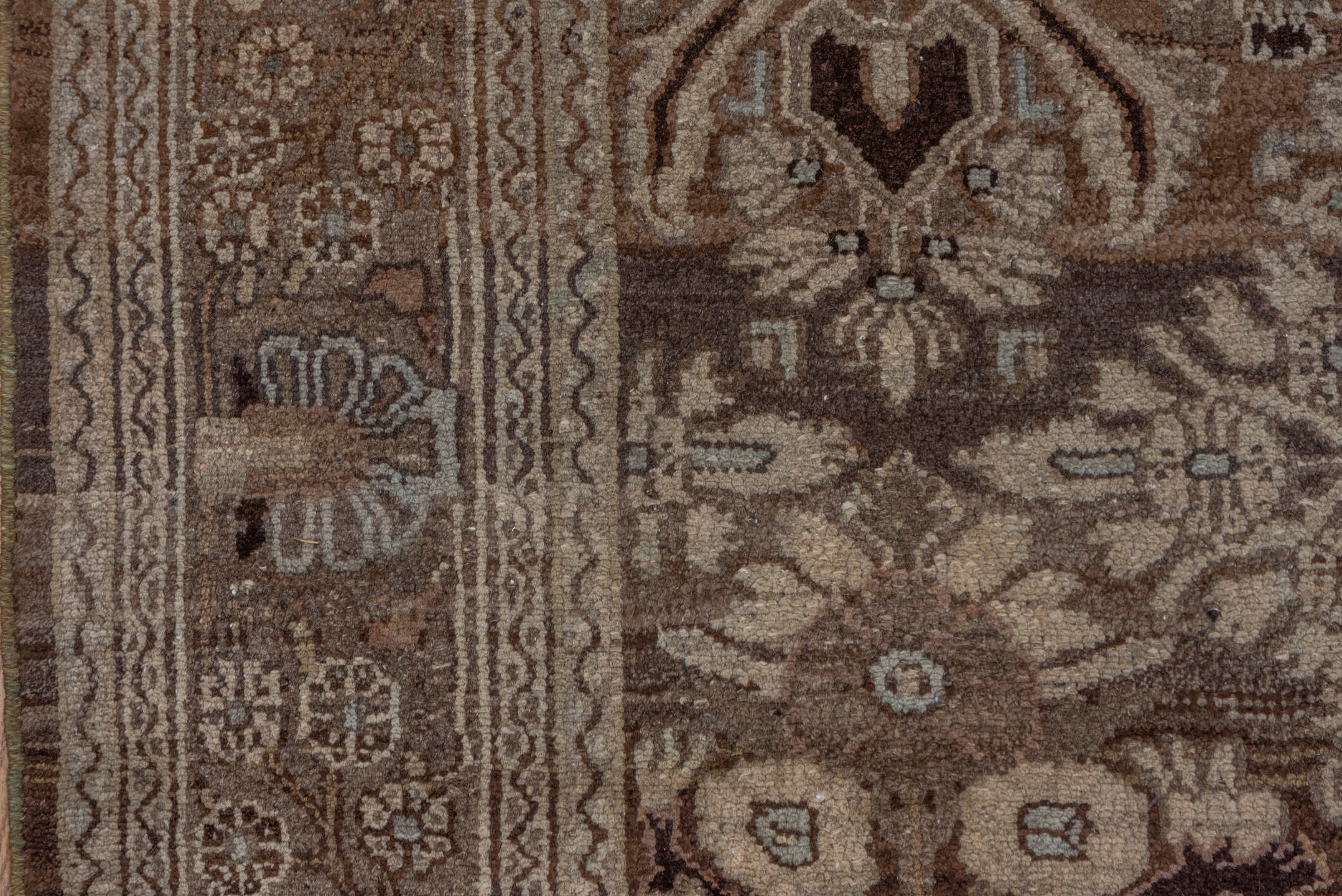 7' x 10' one-of-a-kind handmade vintage Malayer large size rug. Color palette: taupe, brown, ivory, charcoal, camel, sage
