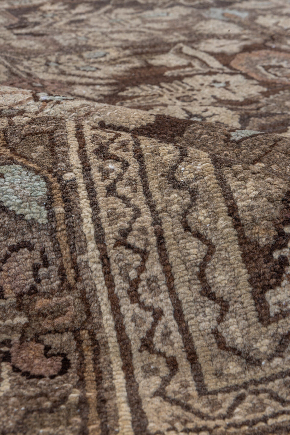 7' x 10' one-of-a-kind handmade vintage Malayer large size rug. Color palette: taupe, brown, ivory, charcoal, camel, sage