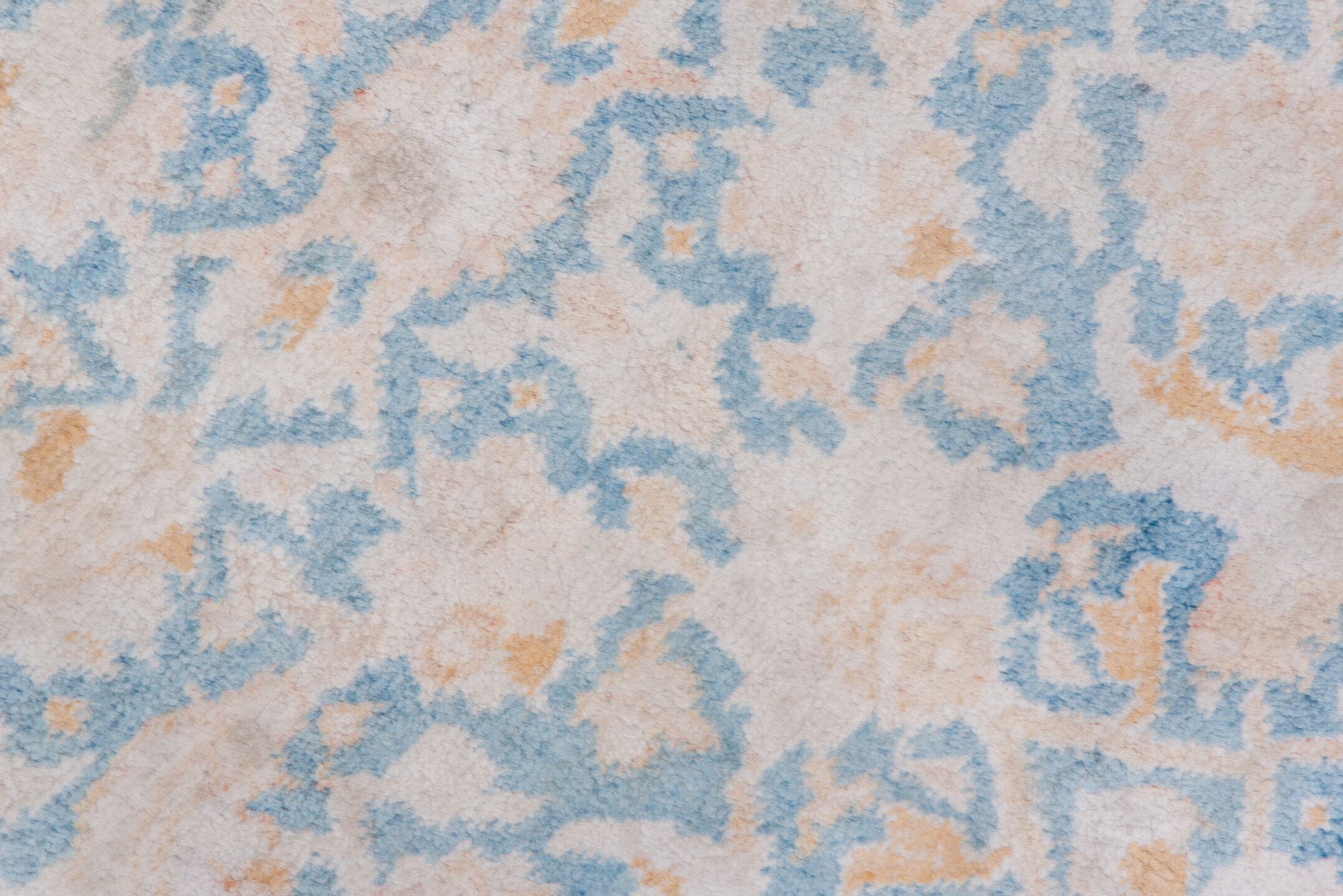 4' x 6' one-of-a-kind handmade vintage Agra small size rug. Color palette: ivory, powder_blue, blush, peach, sky_blue