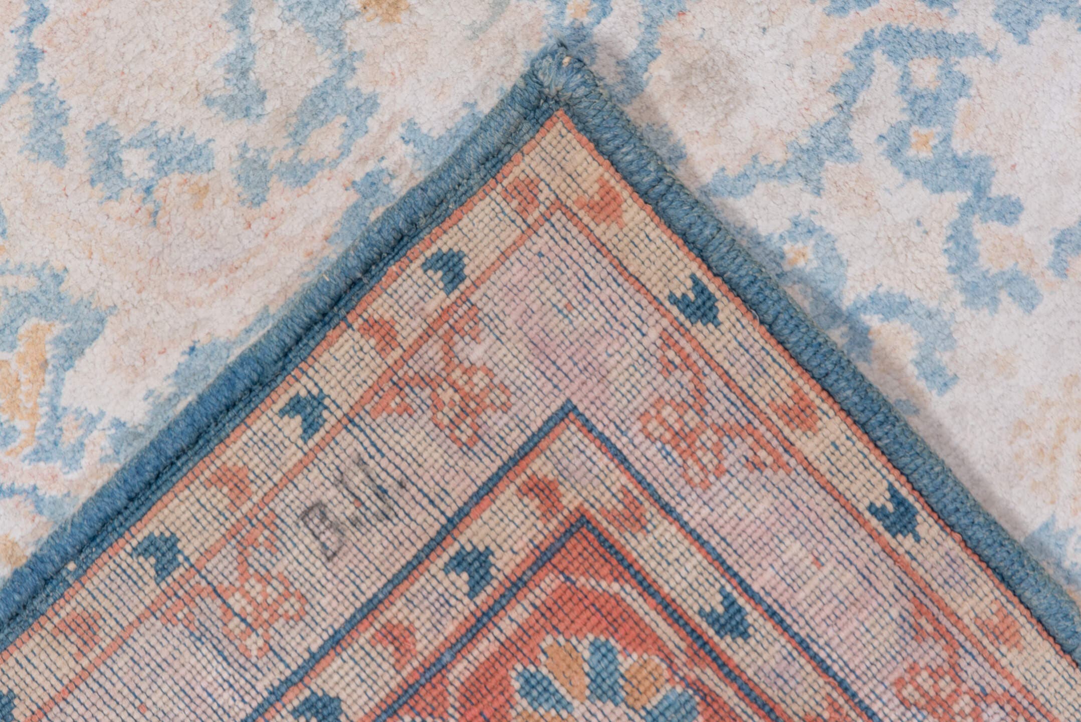 4' x 6' one-of-a-kind handmade vintage Agra small size rug. Color palette: ivory, powder_blue, blush, peach, sky_blue