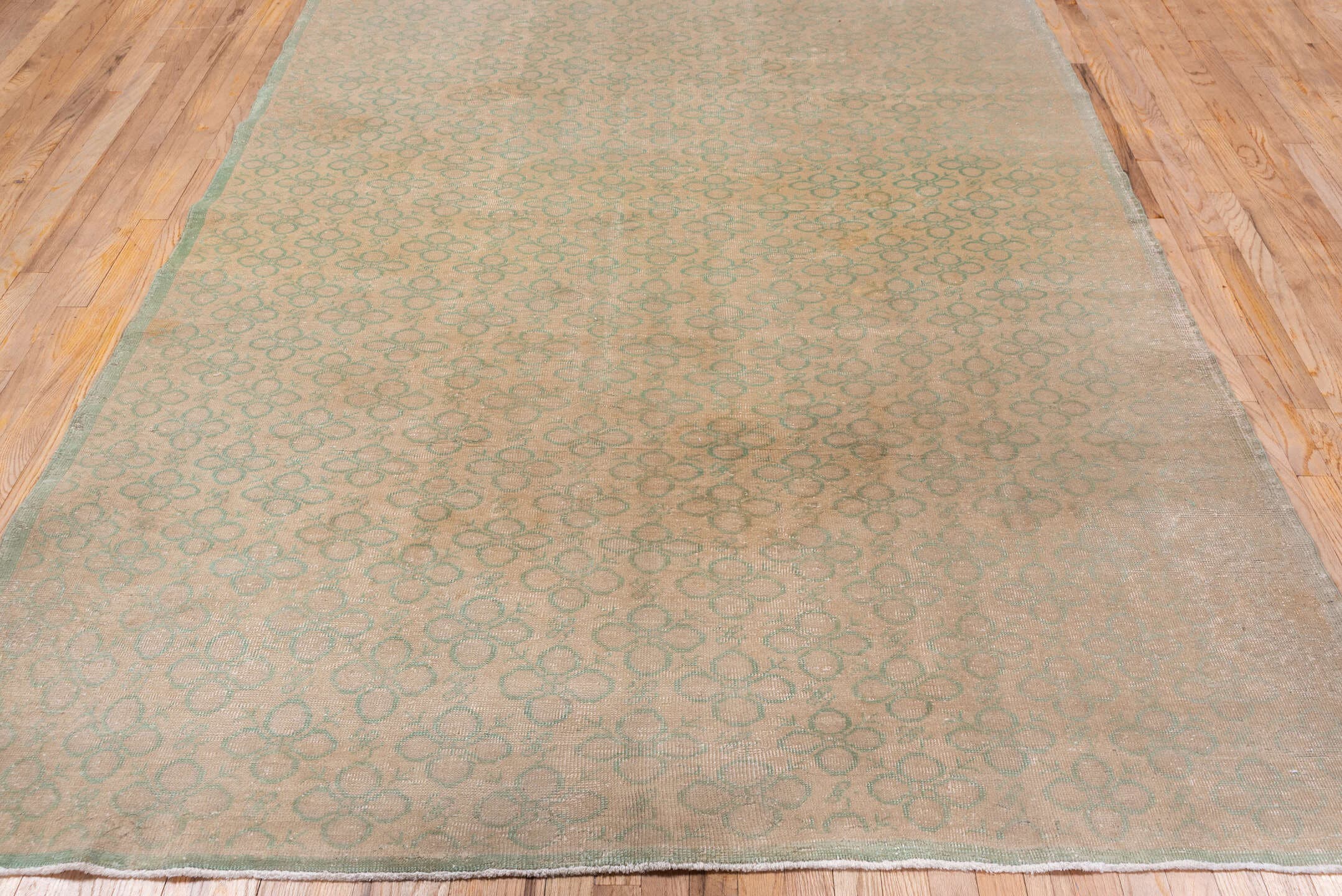 6' x 9' one-of-a-kind handmade vintage Oushak medium size rug. Color palette: beige, sage, taupe, ivory, green, gray