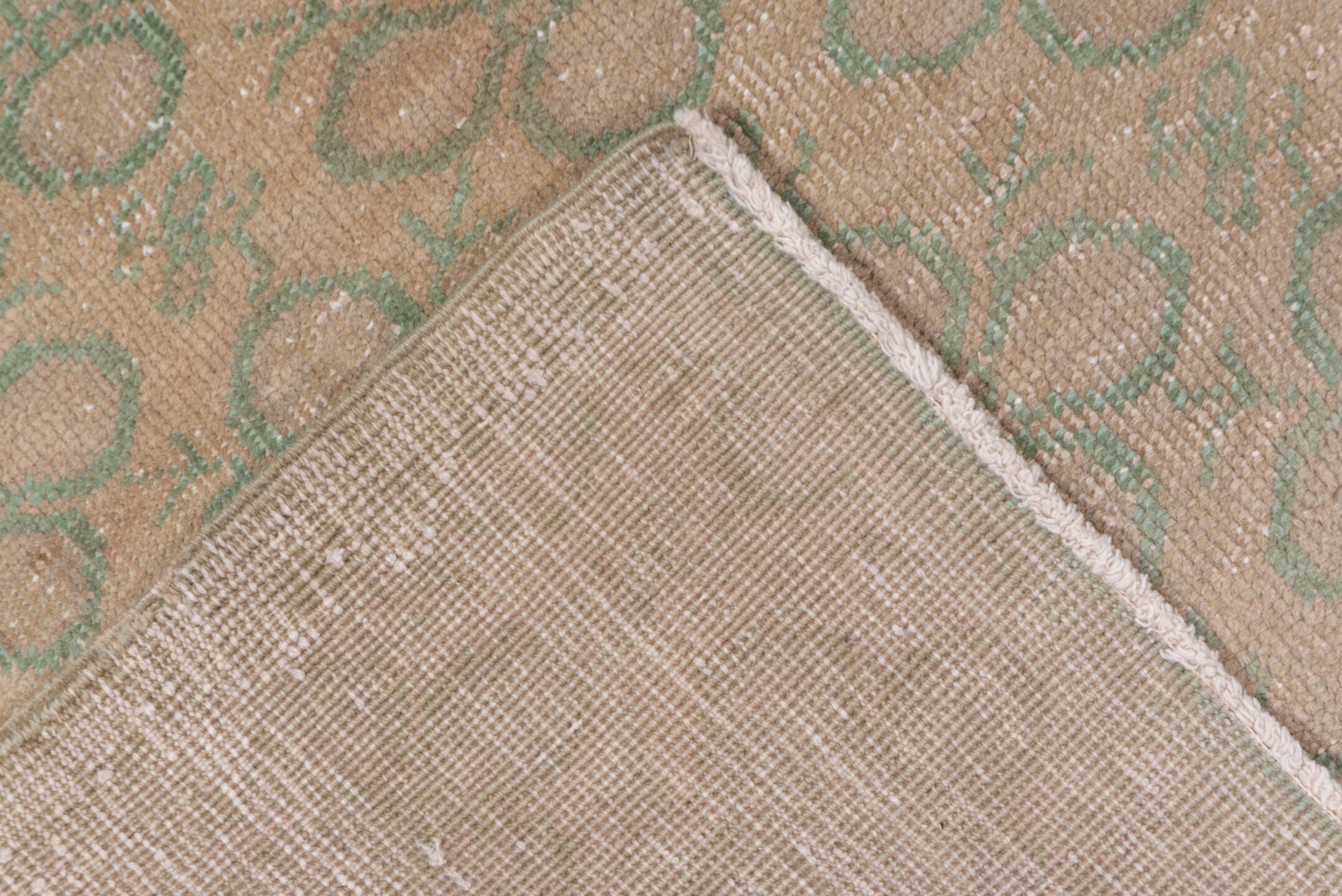 6' x 9' one-of-a-kind handmade vintage Oushak medium size rug. Color palette: beige, sage, taupe, ivory, green, gray