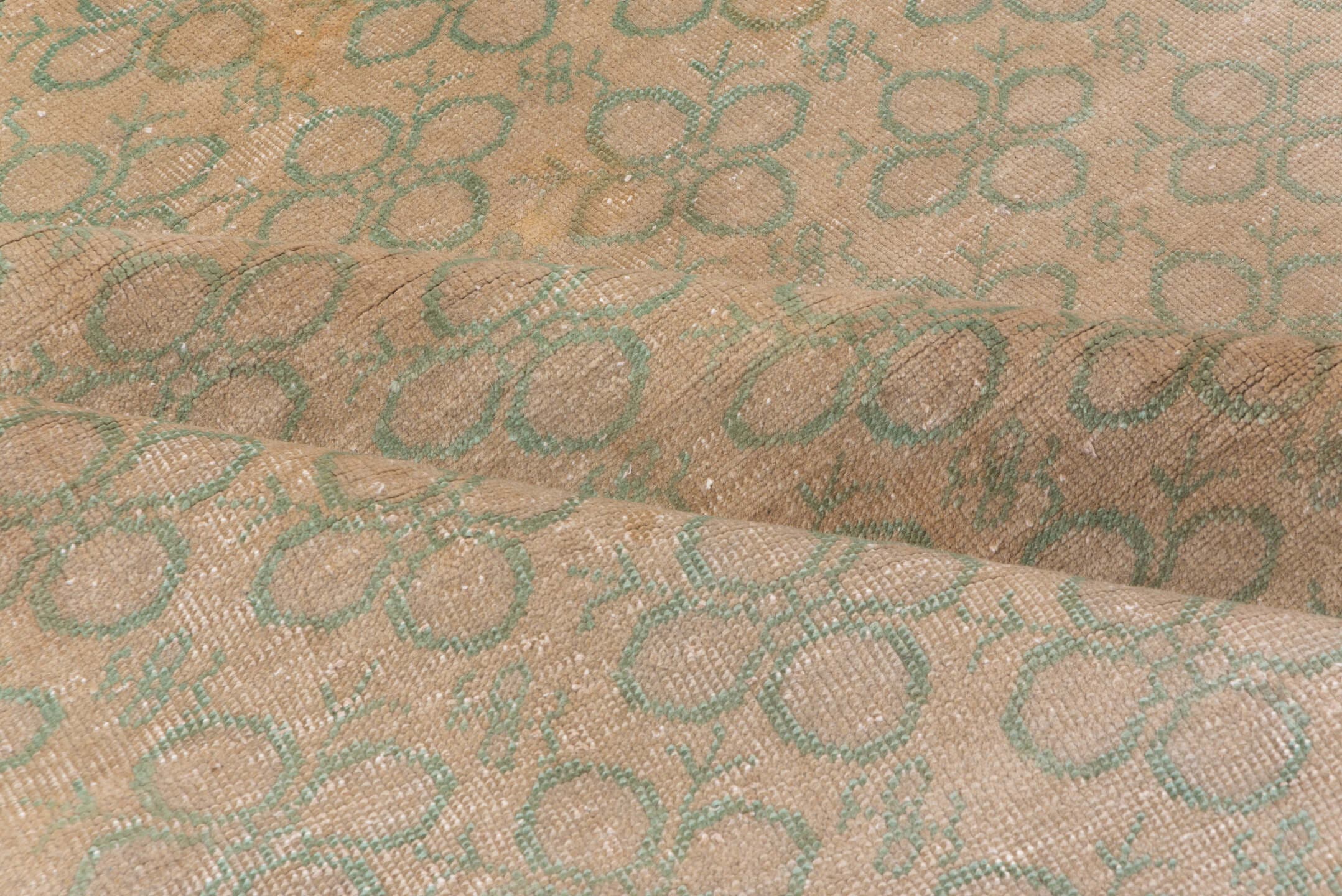 6' x 9' one-of-a-kind handmade vintage Oushak medium size rug. Color palette: beige, sage, taupe, ivory, green, gray