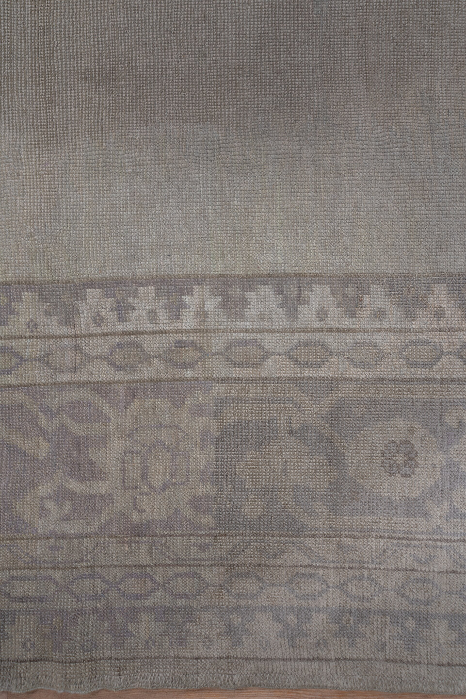 14' x 19' one-of-a-kind handmade antique Oushak oversize rug. Color palette: ivory, beige, taupe, slate, gray, cream