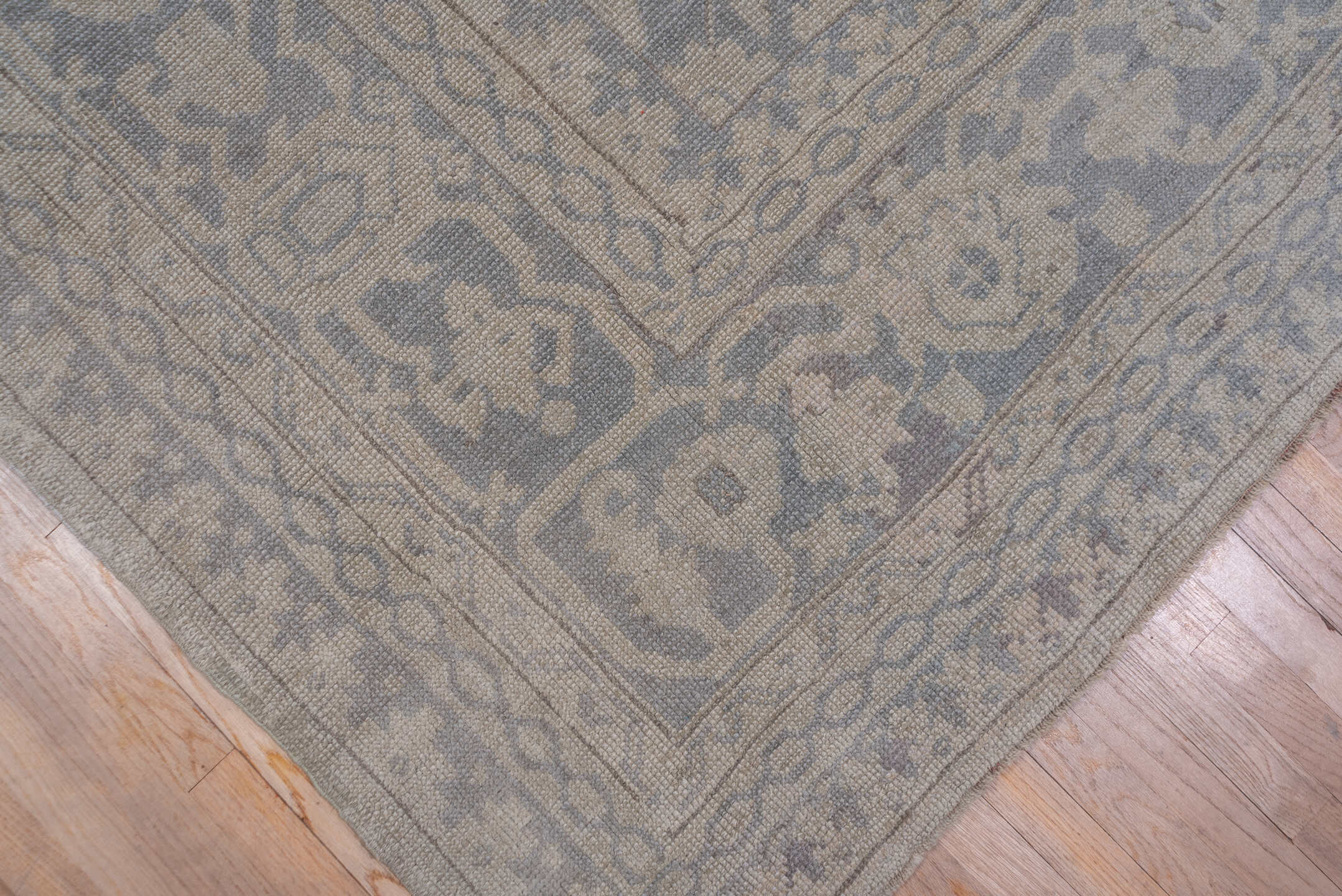 14' x 19' one-of-a-kind handmade antique Oushak oversize rug. Color palette: ivory, beige, taupe, slate, gray, cream