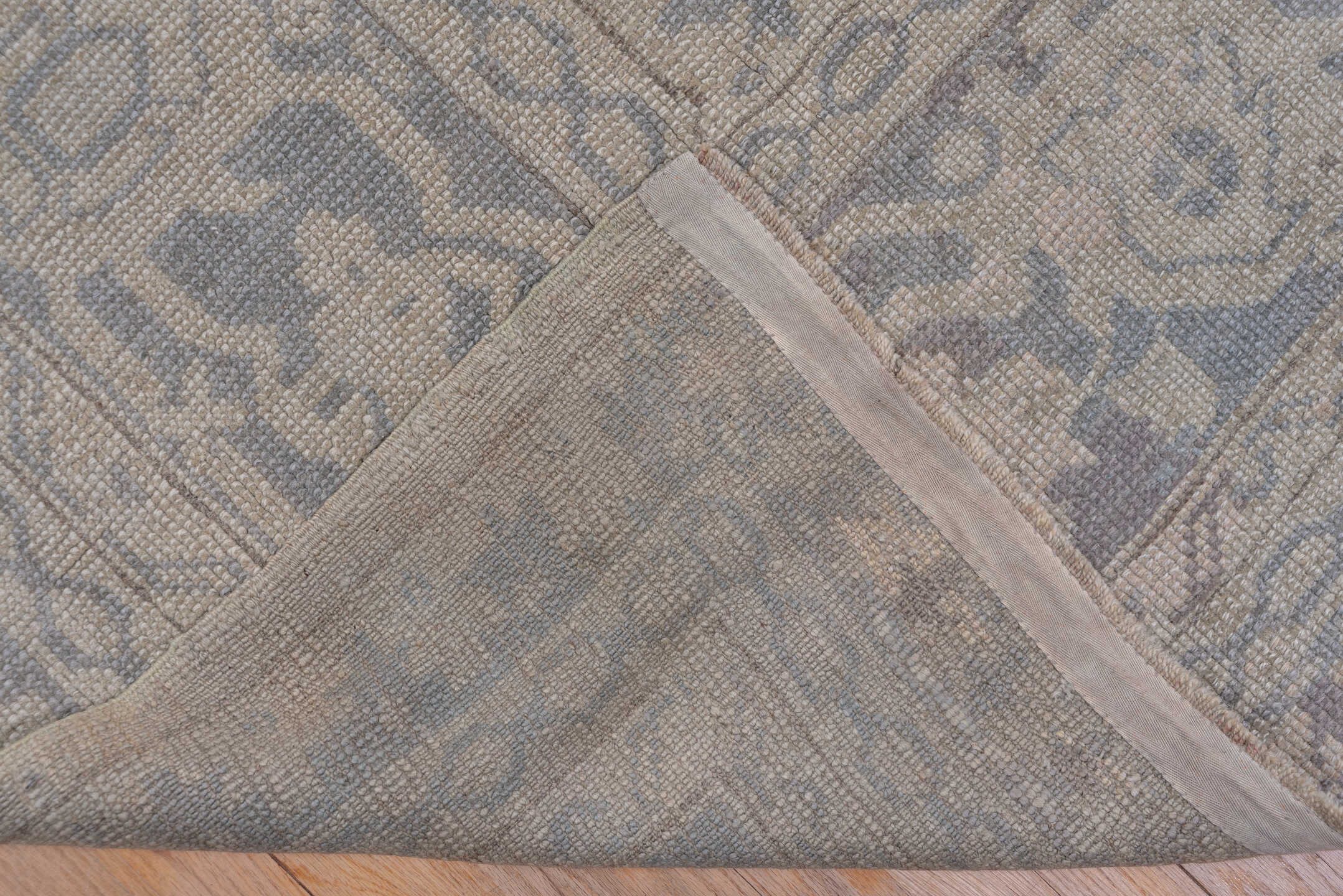 14' x 19' one-of-a-kind handmade antique Oushak oversize rug. Color palette: ivory, beige, taupe, slate, gray, cream
