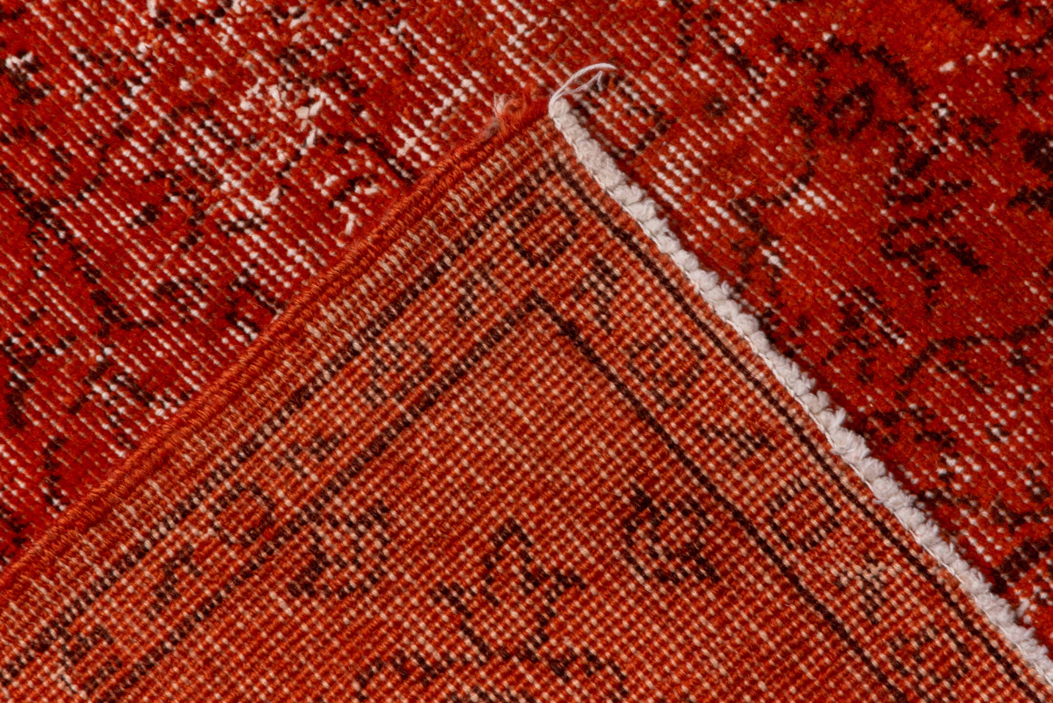 7' x 10' one-of-a-kind handmade vintage Overdyed large size rug. Color palette: rust, terra cotta, crimson, brick, charcoal