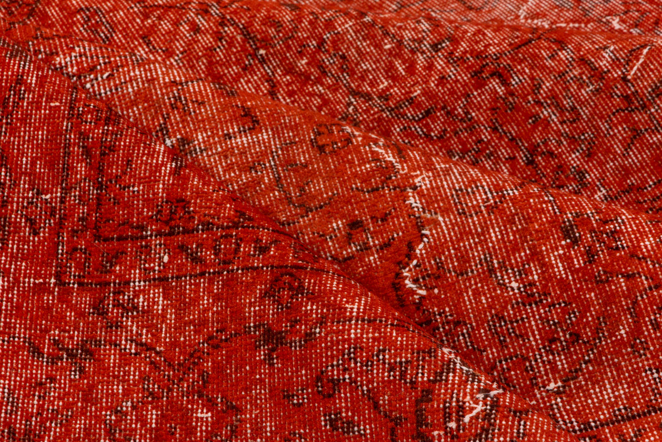 7' x 10' one-of-a-kind handmade vintage Overdyed large size rug. Color palette: rust, terra cotta, crimson, brick, charcoal