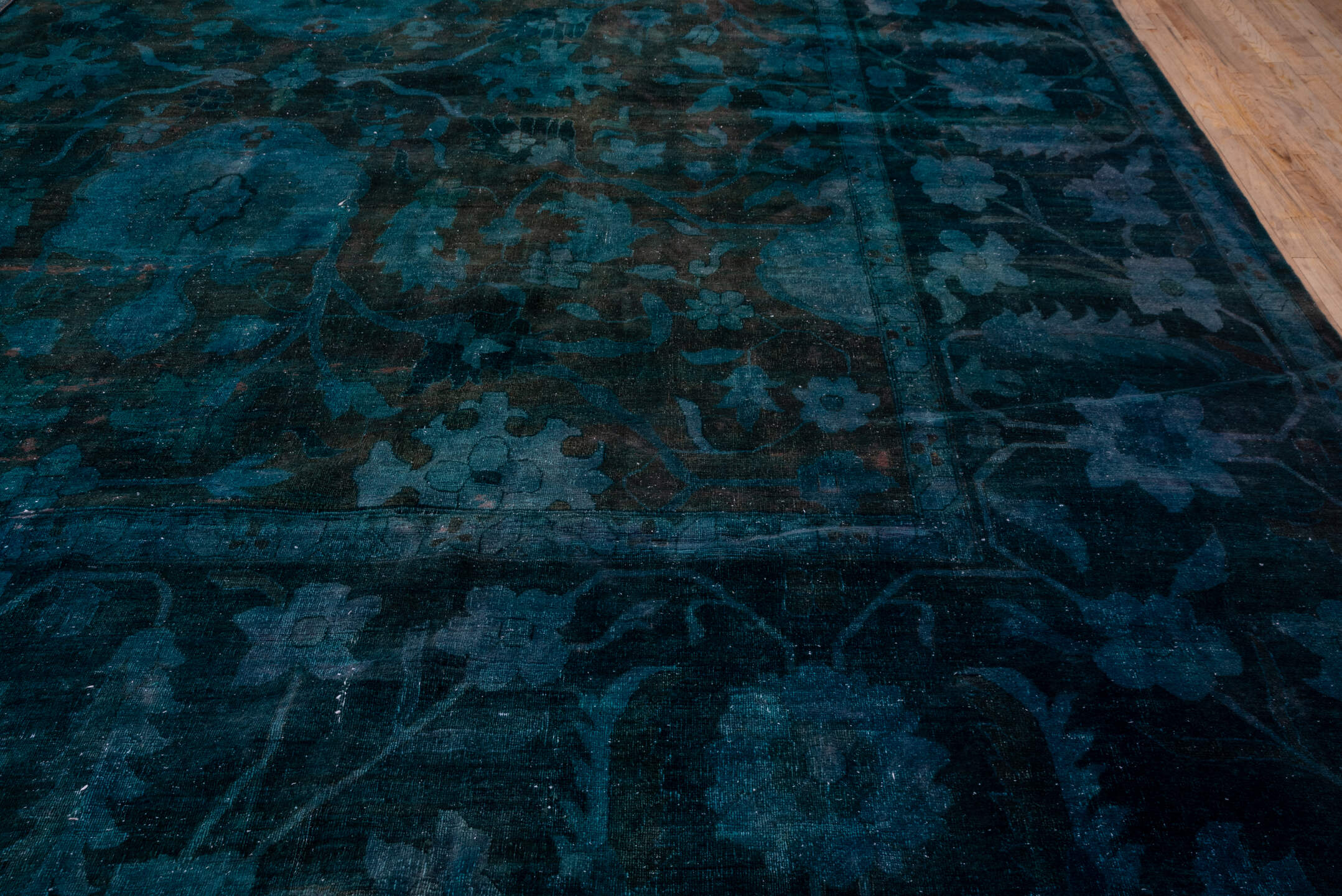 15' x 27' one-of-a-kind handmade vintage Overdyed oversize rug. Color palette: teal, charcoal, indigo, slate, aqua, ivory