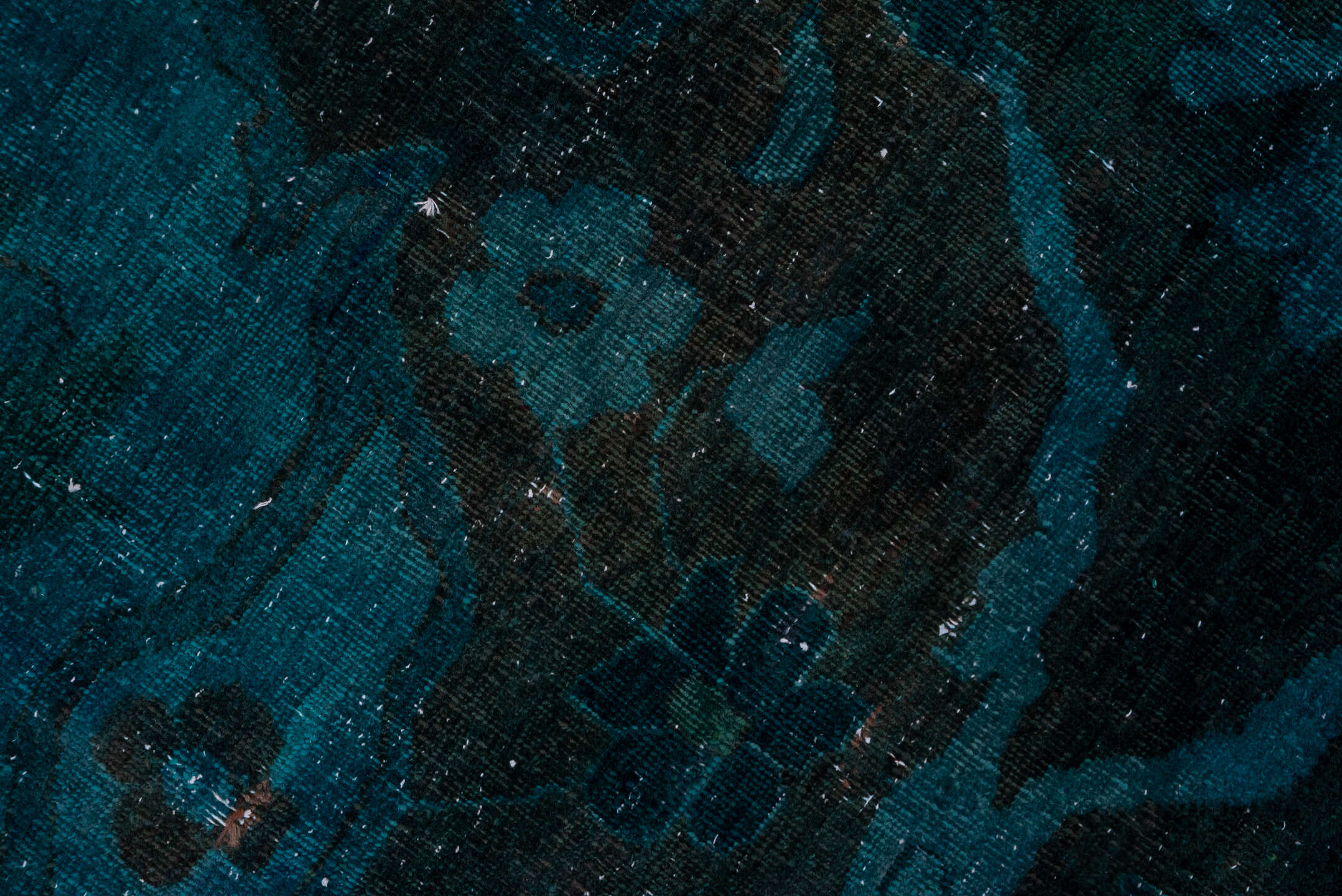 15' x 27' one-of-a-kind handmade vintage Overdyed oversize rug. Color palette: teal, charcoal, indigo, slate, aqua, ivory