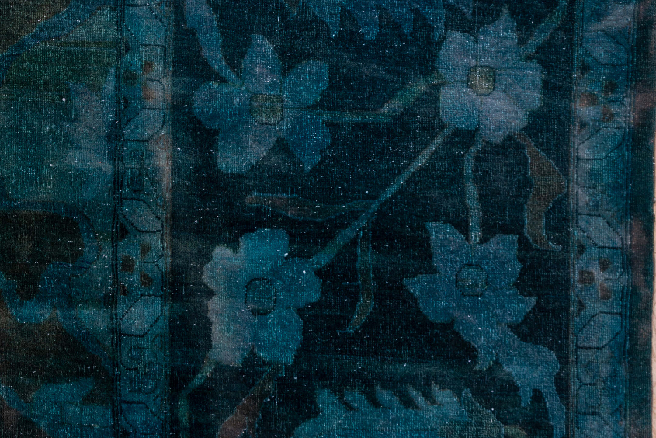 15' x 27' one-of-a-kind handmade vintage Overdyed oversize rug. Color palette: teal, charcoal, indigo, slate, aqua, ivory