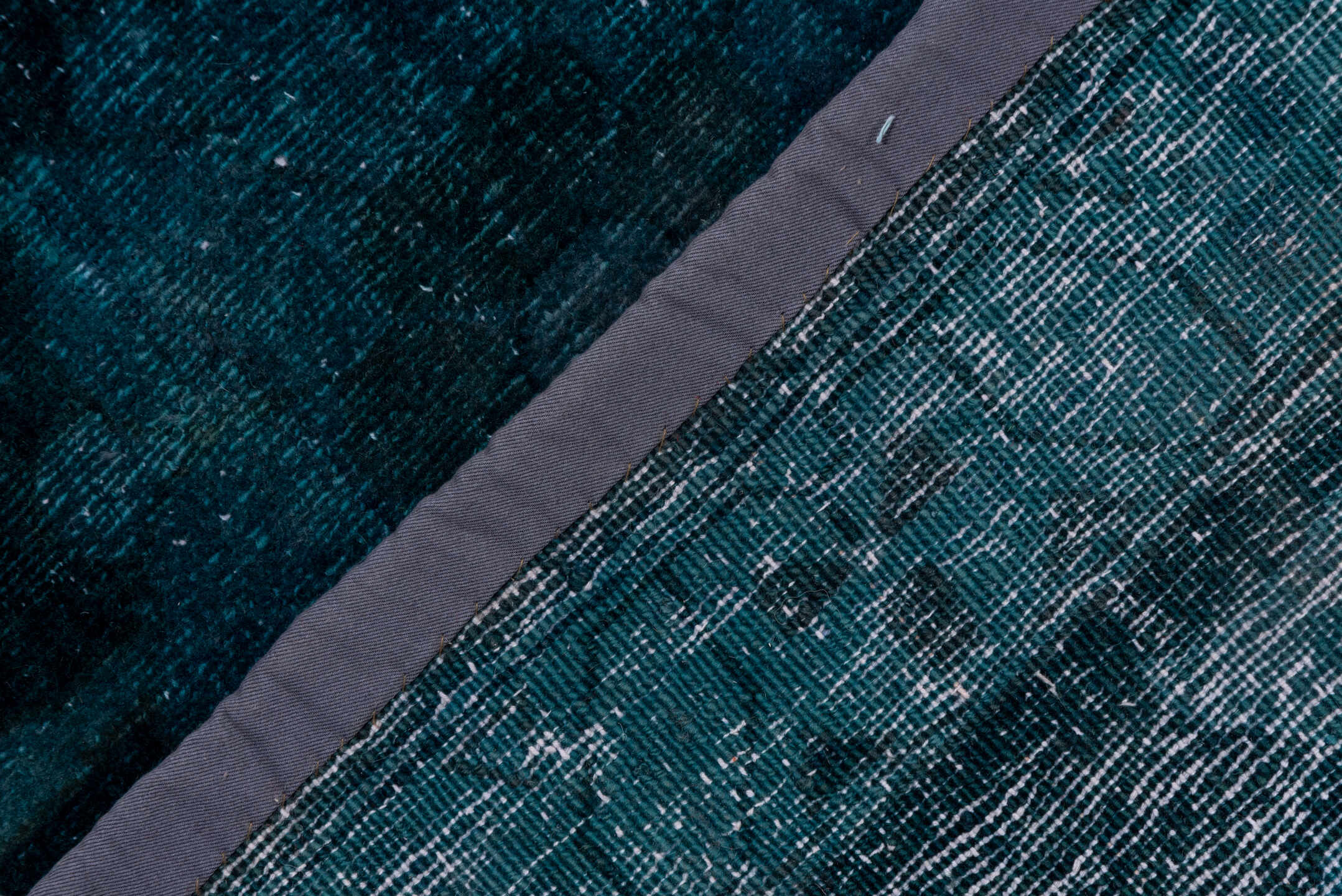 15' x 27' one-of-a-kind handmade vintage Overdyed oversize rug. Color palette: teal, charcoal, indigo, slate, aqua, ivory