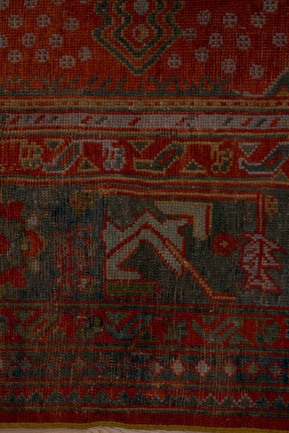 12' x 14' one-of-a-kind handmade antique Oushak oversize rug. Color palette: terra cotta, charcoal, rust, slate, ivory, rose