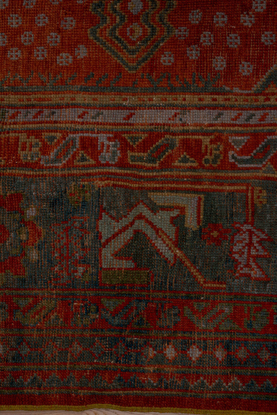 12' x 14' one-of-a-kind handmade antique Oushak oversize rug. Color palette: terra cotta, charcoal, rust, slate, ivory, rose