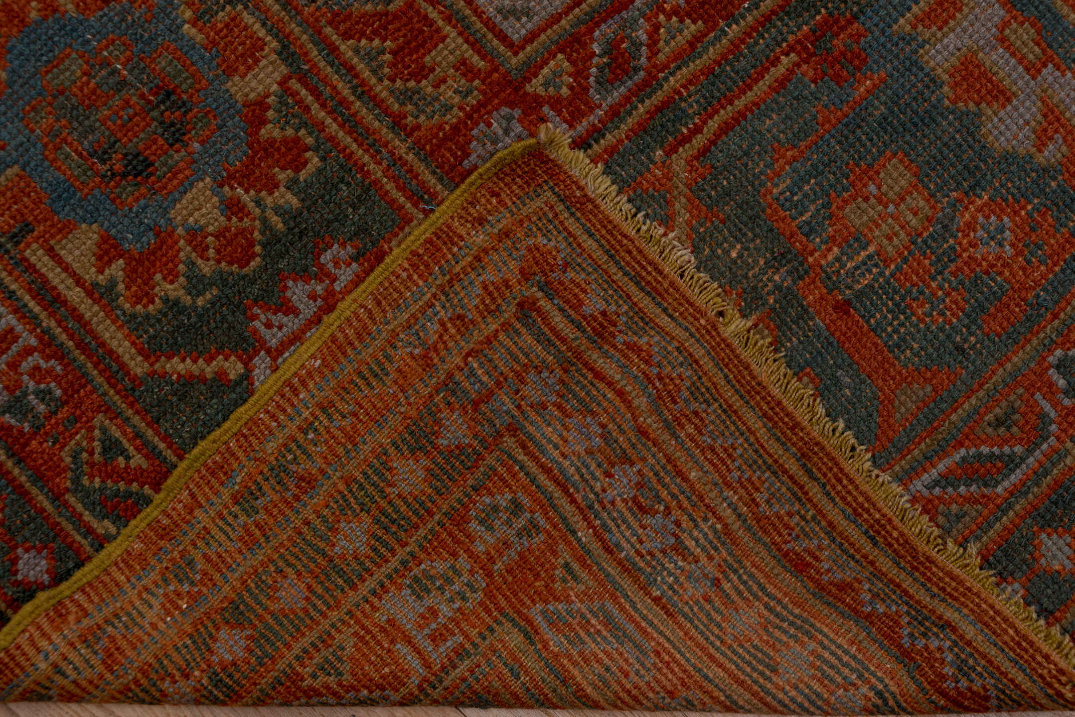 12' x 14' one-of-a-kind handmade antique Oushak oversize rug. Color palette: terra cotta, charcoal, rust, slate, ivory, rose