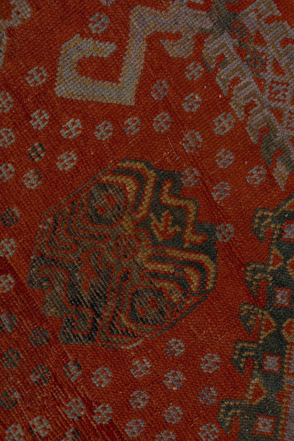 12' x 14' one-of-a-kind handmade antique Oushak oversize rug. Color palette: terra cotta, charcoal, rust, slate, ivory, rose