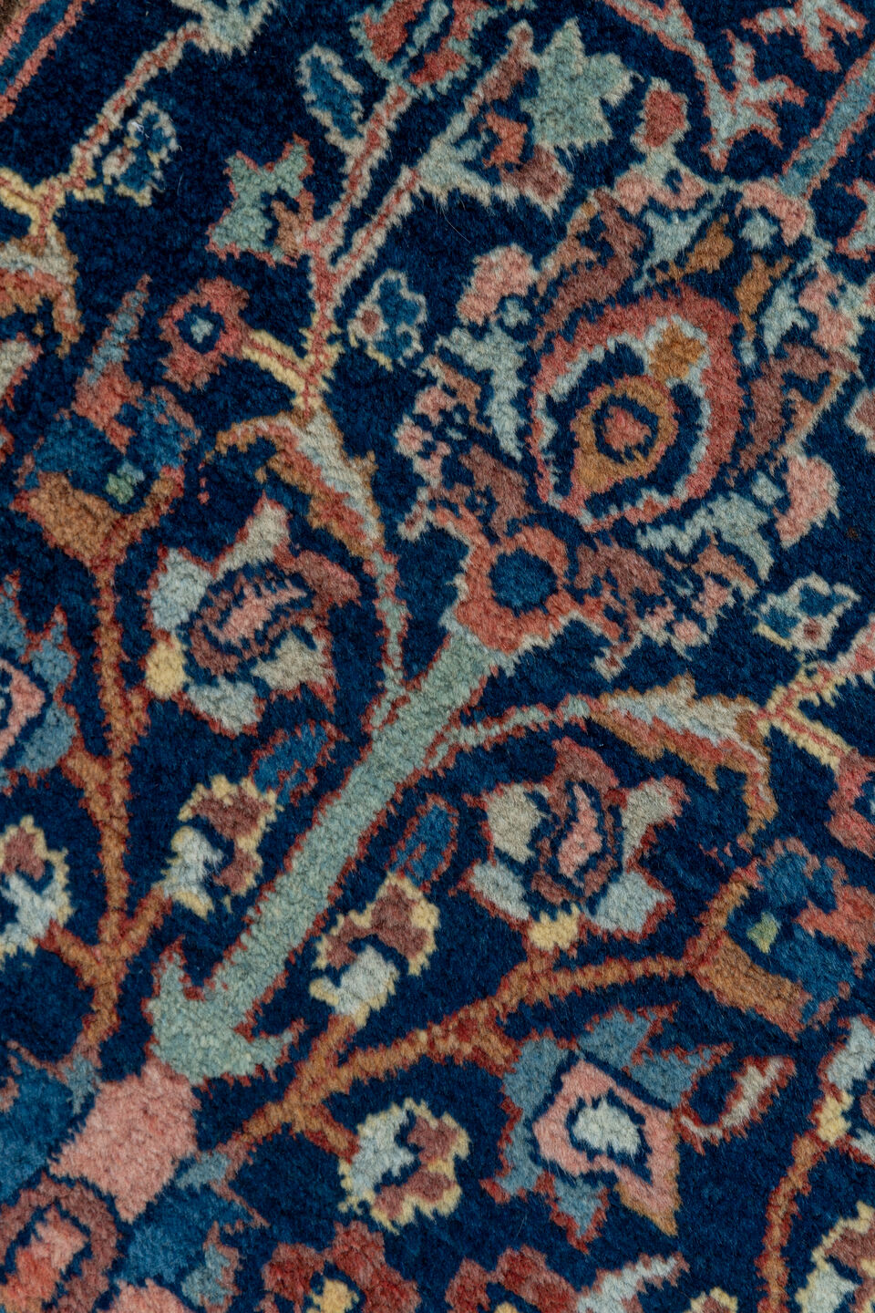 3' x 14' one-of-a-kind handmade vintage Bidjar runner rug. Color palette: blue, brown, gray, pink, redwood