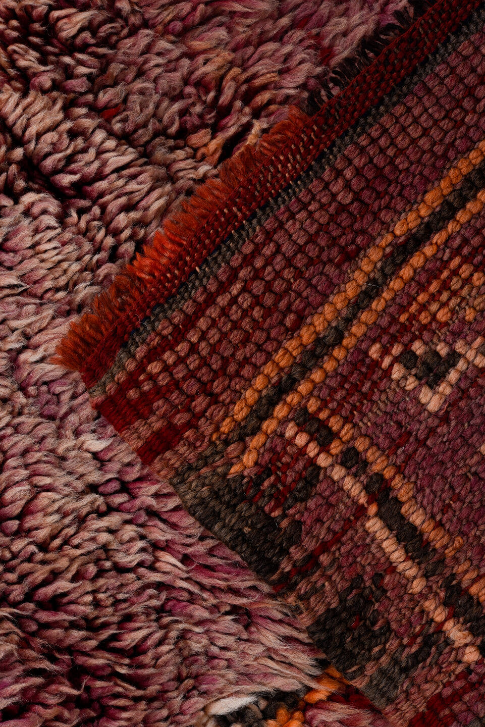 6' x 12' one-of-a-kind handmade antique Moroccan large size rug. Color palette: rose, mauve, plum, charcoal, rust, saffron