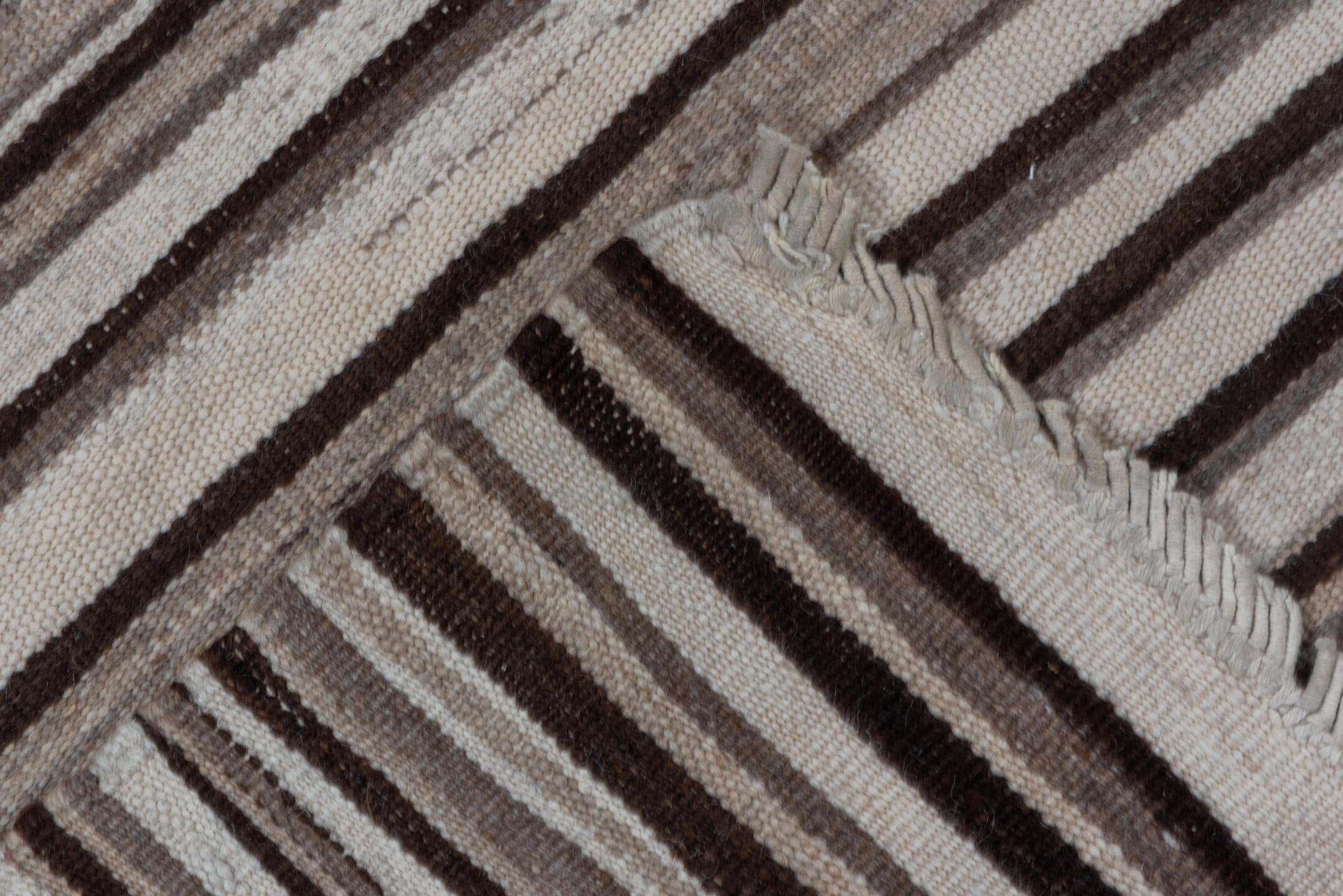 4' x 6' one-of-a-kind handmade vintage Blanket small size rug. Color palette: ivory, taupe, brown, charcoal, beige, gray