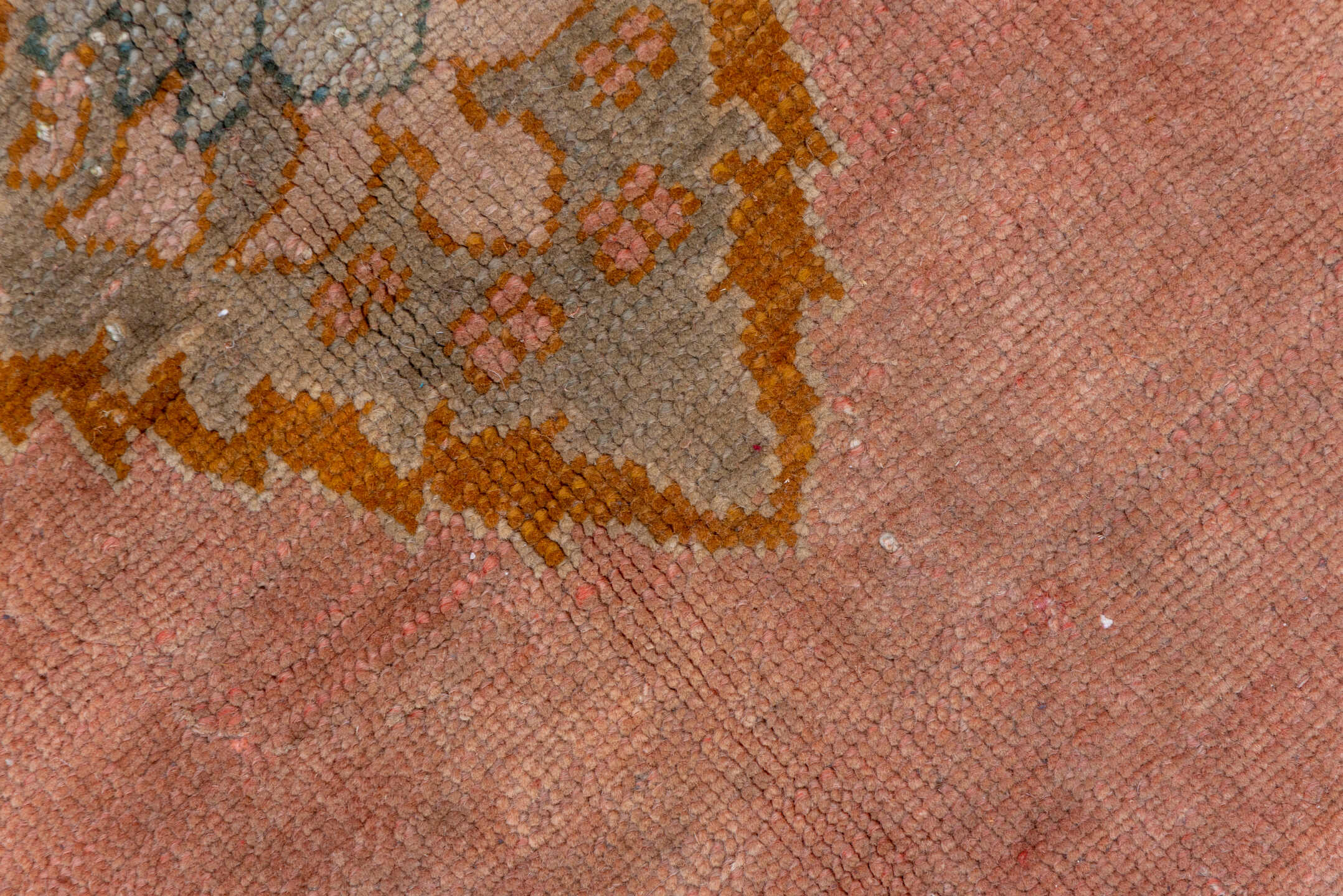 11' x 13' one-of-a-kind handmade vintage Oushak oversize rug. Color palette: brown, gray, pink